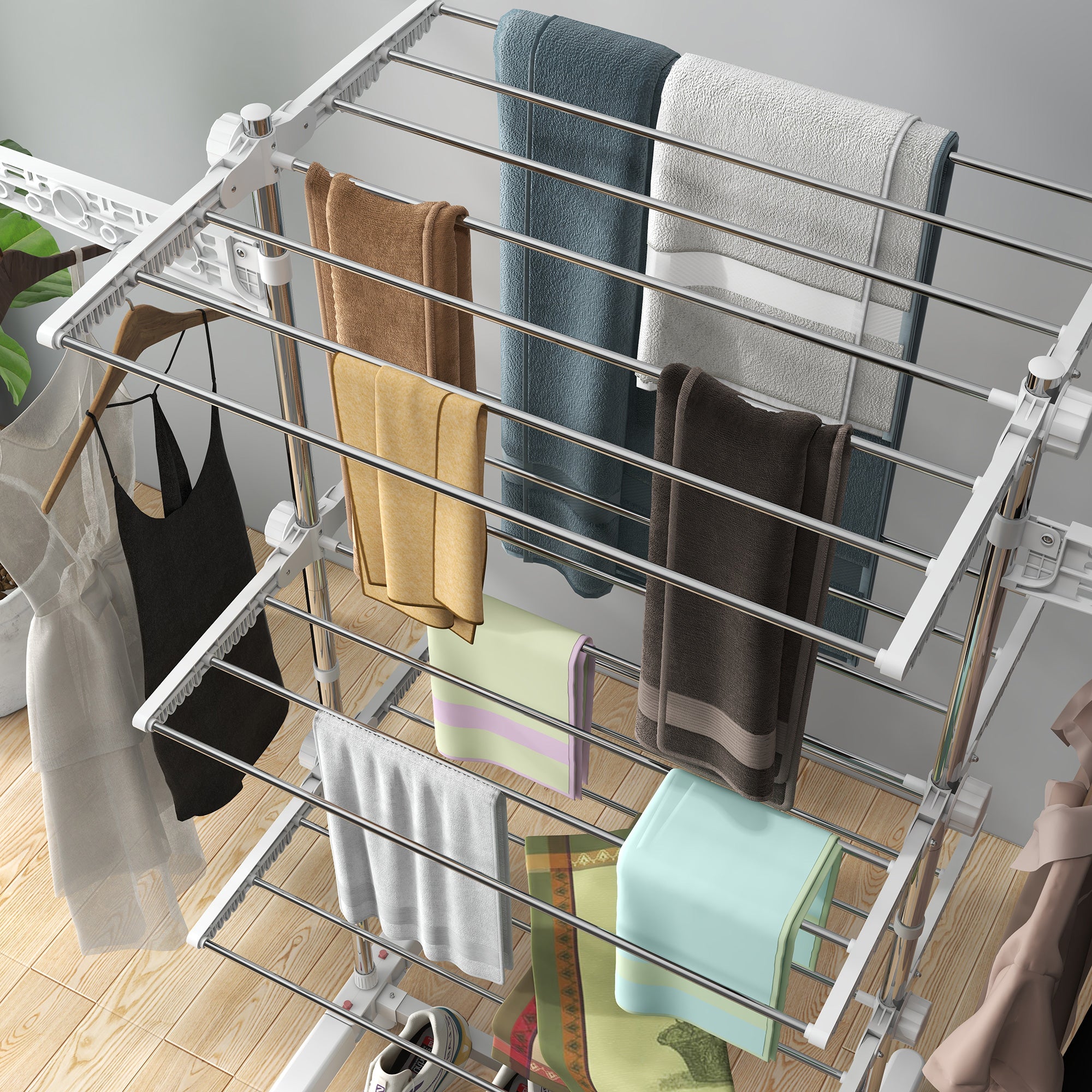 Mobile clothes dryer foldable 3 levels with wheels, for space-saving drying