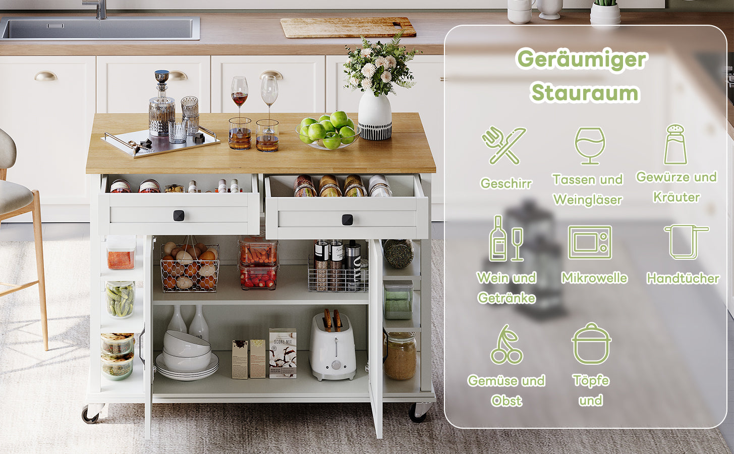 Multifunctional Kitchen Trolley, Fold-Down Worktop, 2 Drawers, On Wheels, Wood