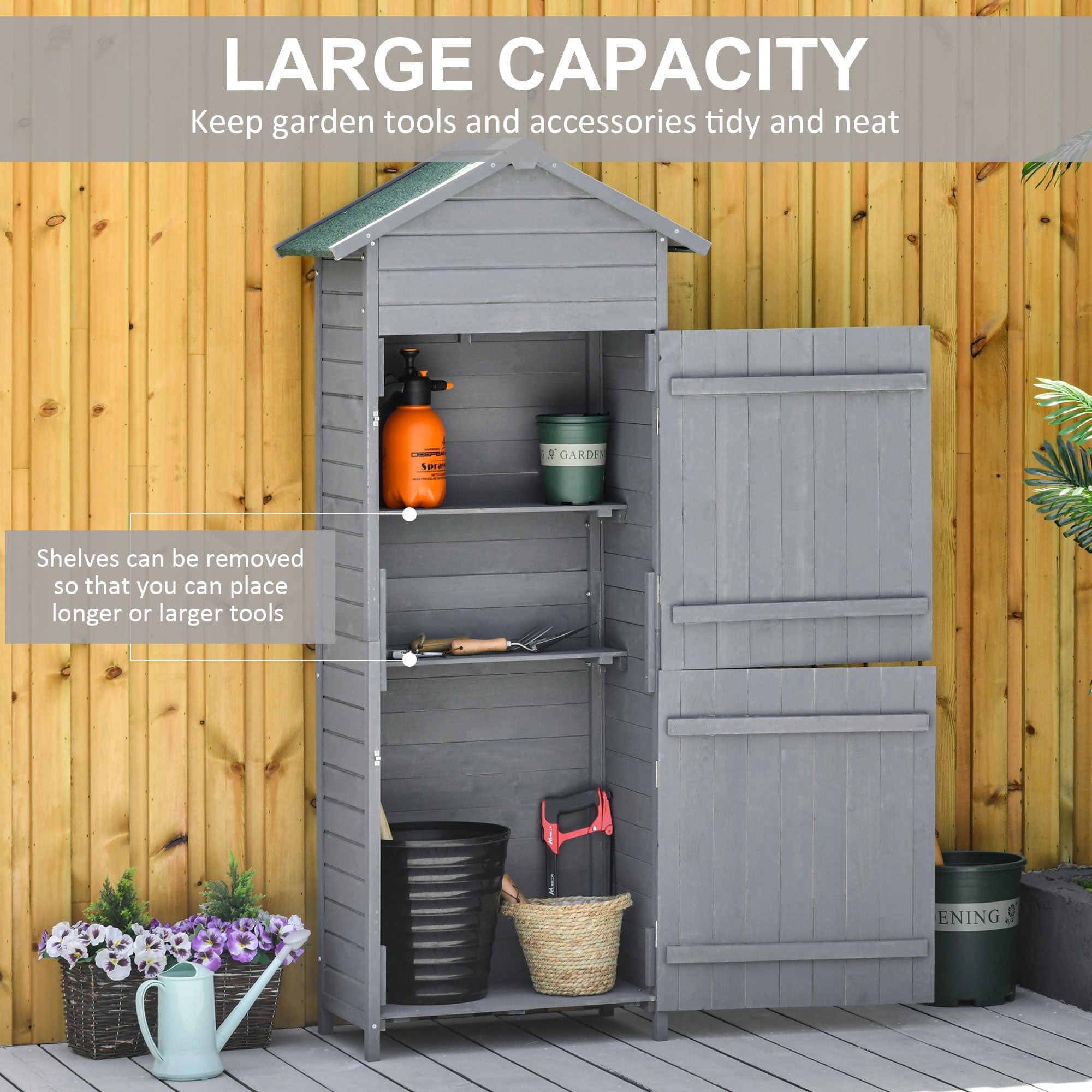Wooden Garden Storage Shed with 3 Shelves, Lockable Doors, Dark Grey