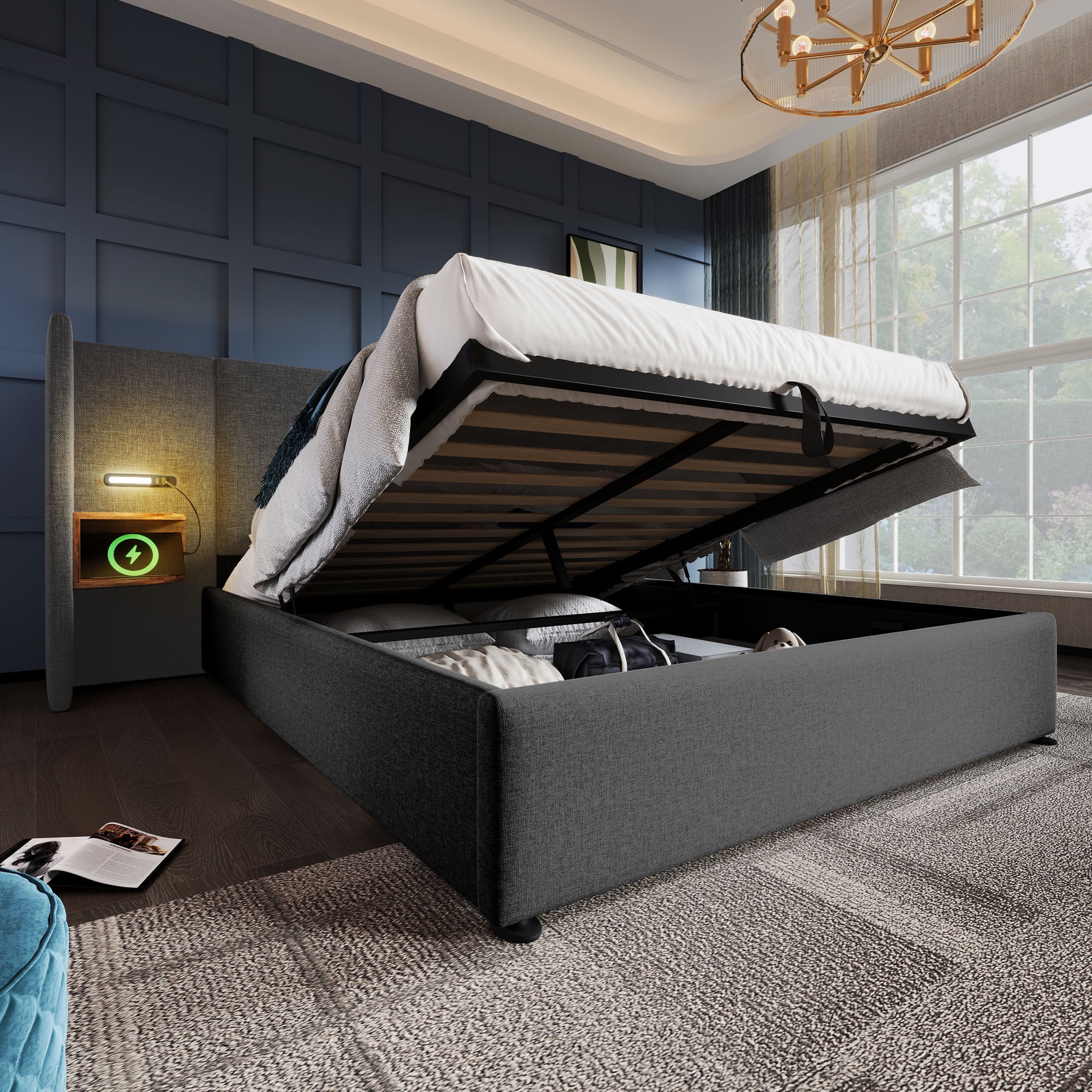 Upholstered Double Bed 160x200, with Bedside Table, Lamp, USB Type-C, Gray Linen