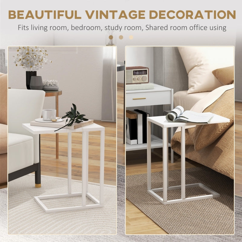 C Shape Bedside Table, Narrow Snack End Table, Metal Frame Wood-Effect Top, White
