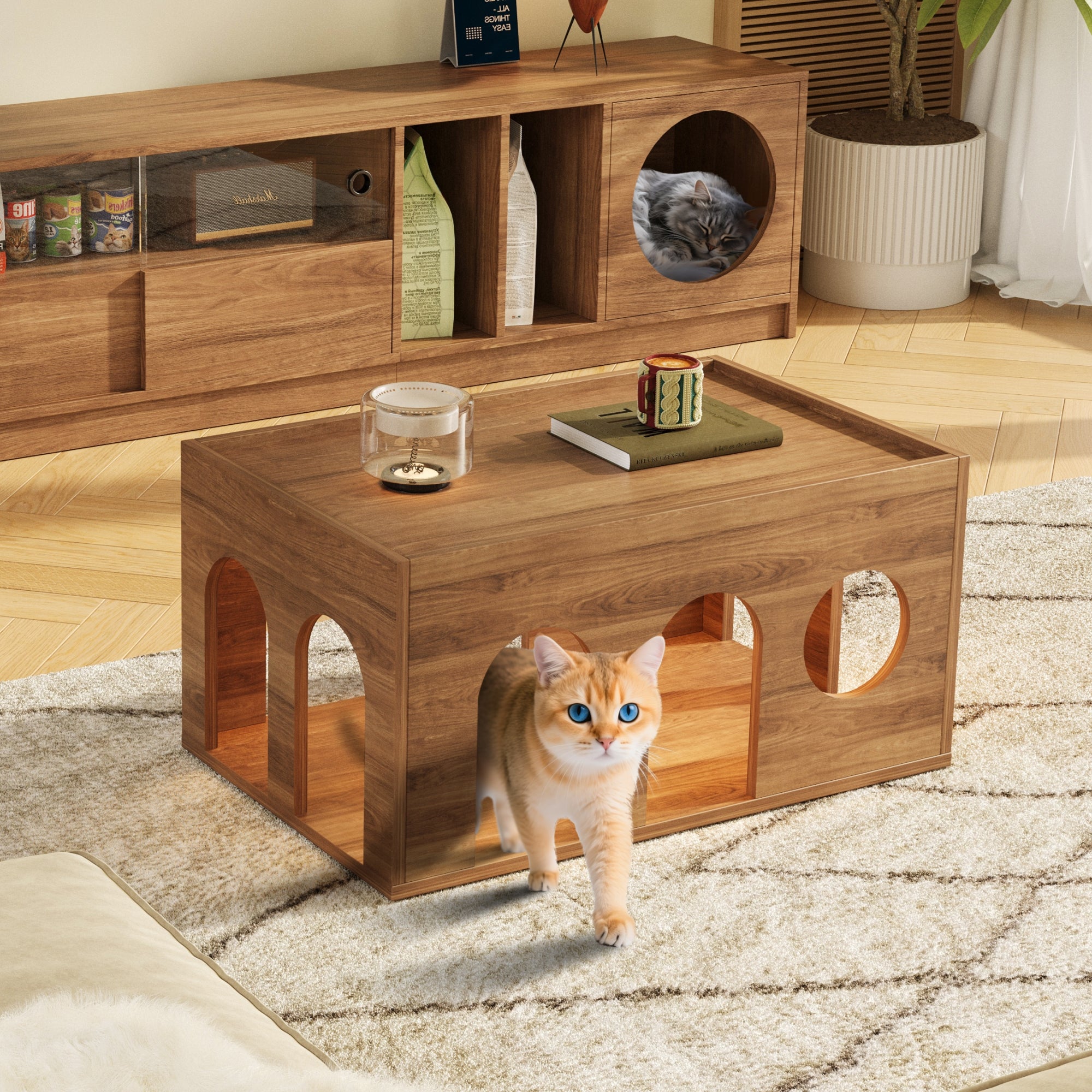 Coffee Table Pet-Friendly Cat Holes 80x50x40 cm Walnut Finish