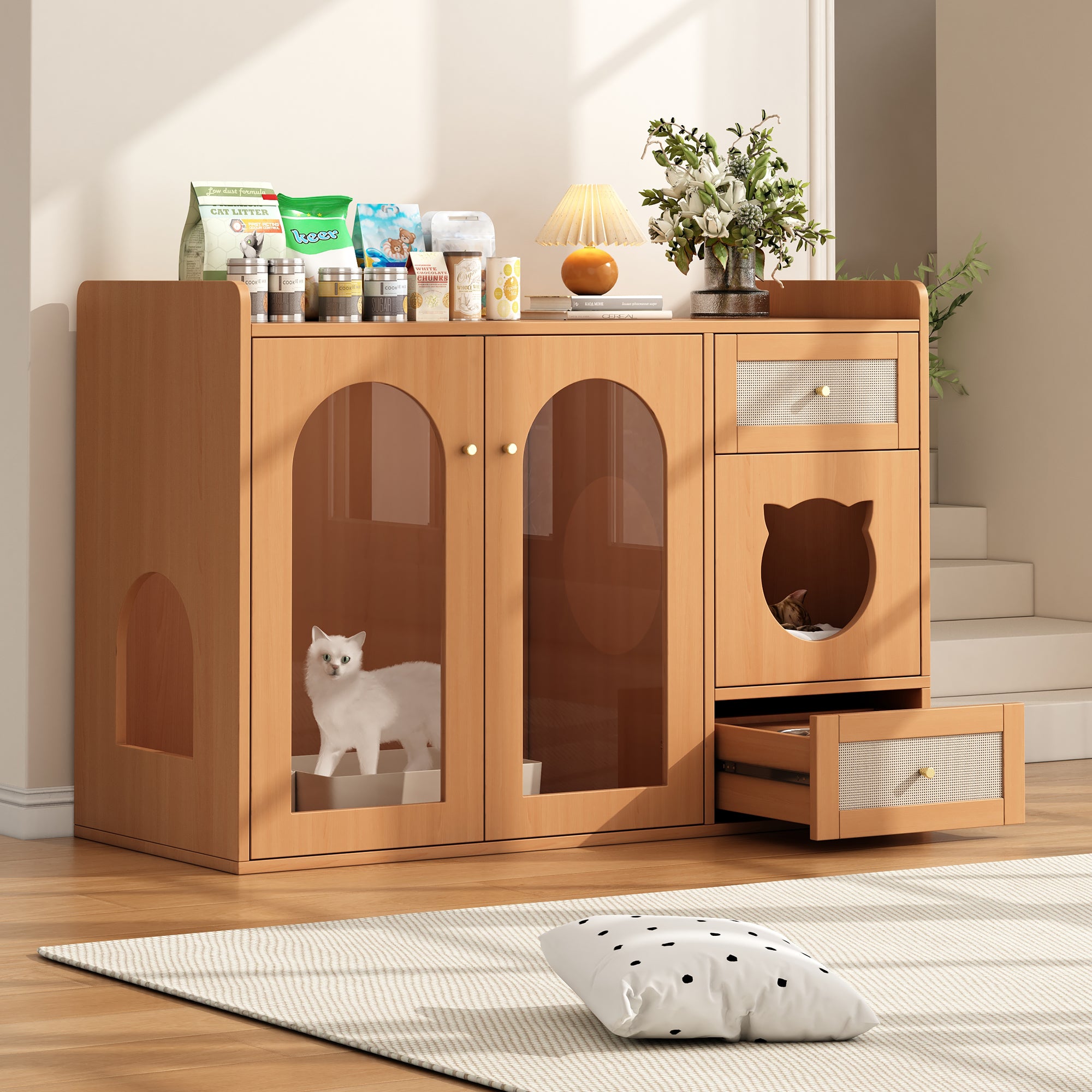 Cat House Litter Box Cabinet Multi-purpose with Food Bowls and Storage, Walnut Color