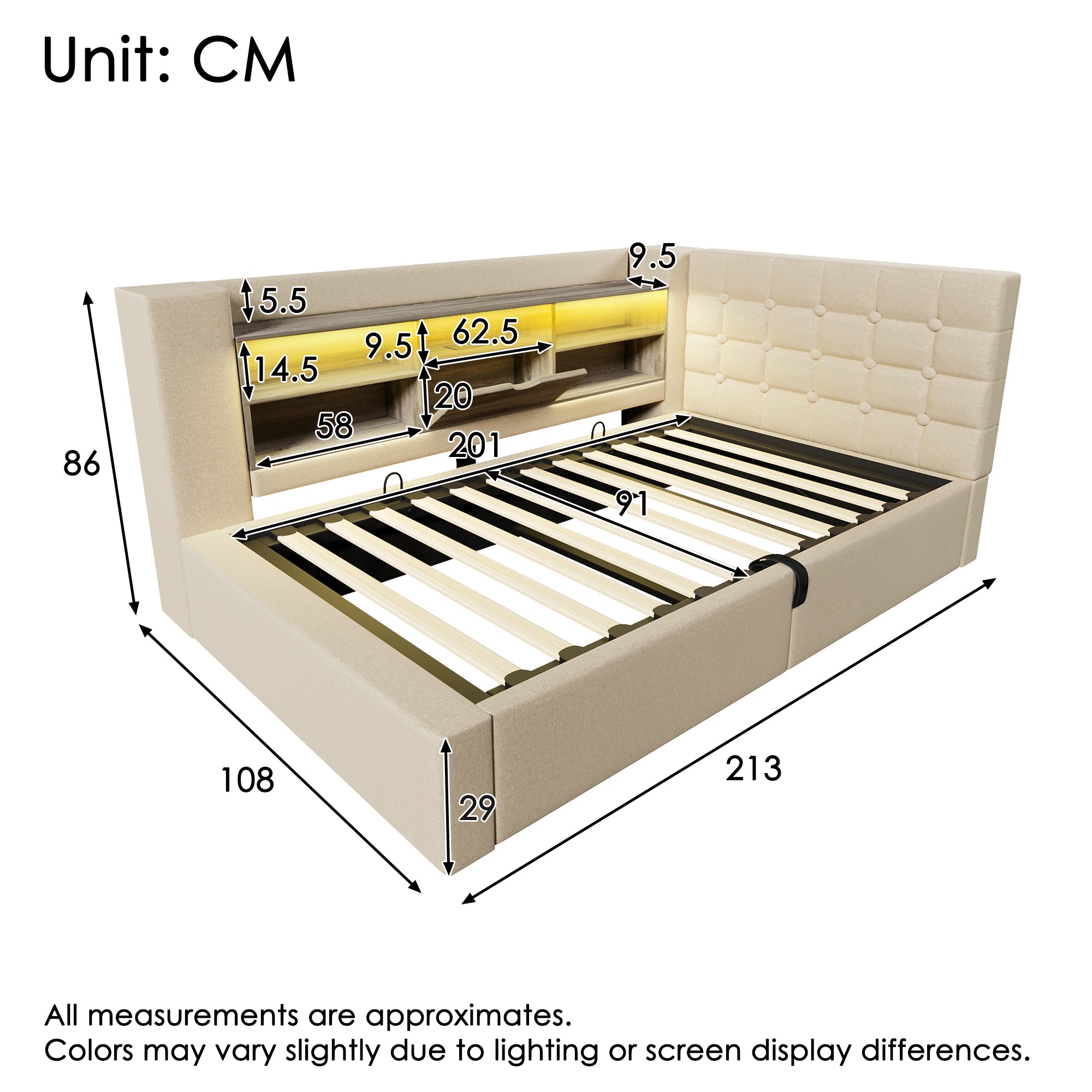 Upholstered Single Bed 90x200cm LED Hydraulic Storage L-Shaped Headboard - Linen Beige (With Mattress)