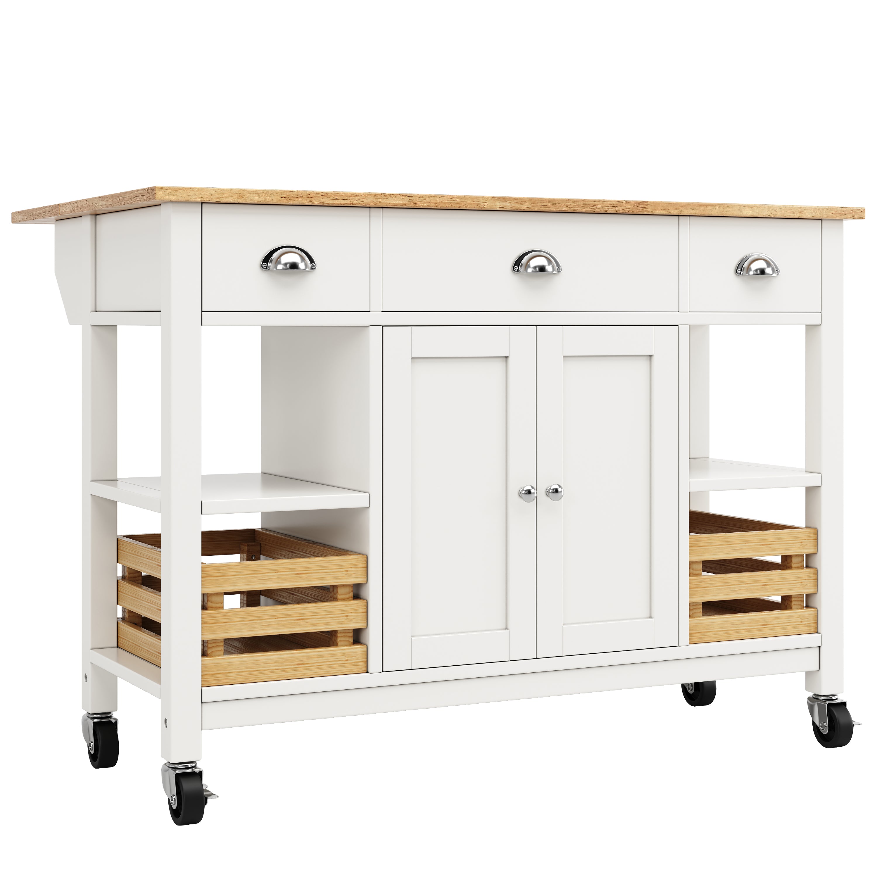 Kitchen Island Multifunctional Dining Table Trolley Cabinet Pine Storage Basket 120x45x90cm - White
