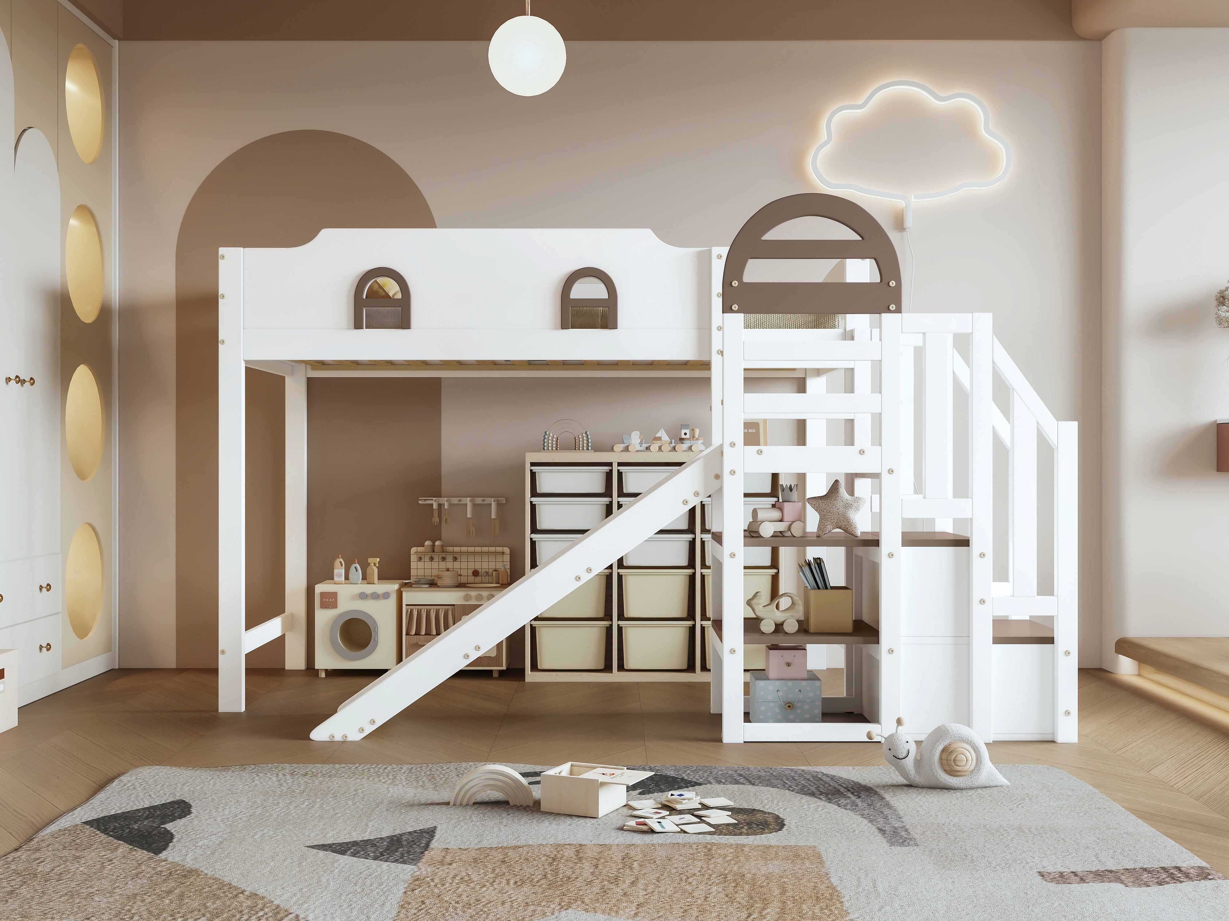 Bunk Bed, Children's with Window, Slide, Stairs & Storage, Pine + MDF, White + Brown, 90 x 200 cm