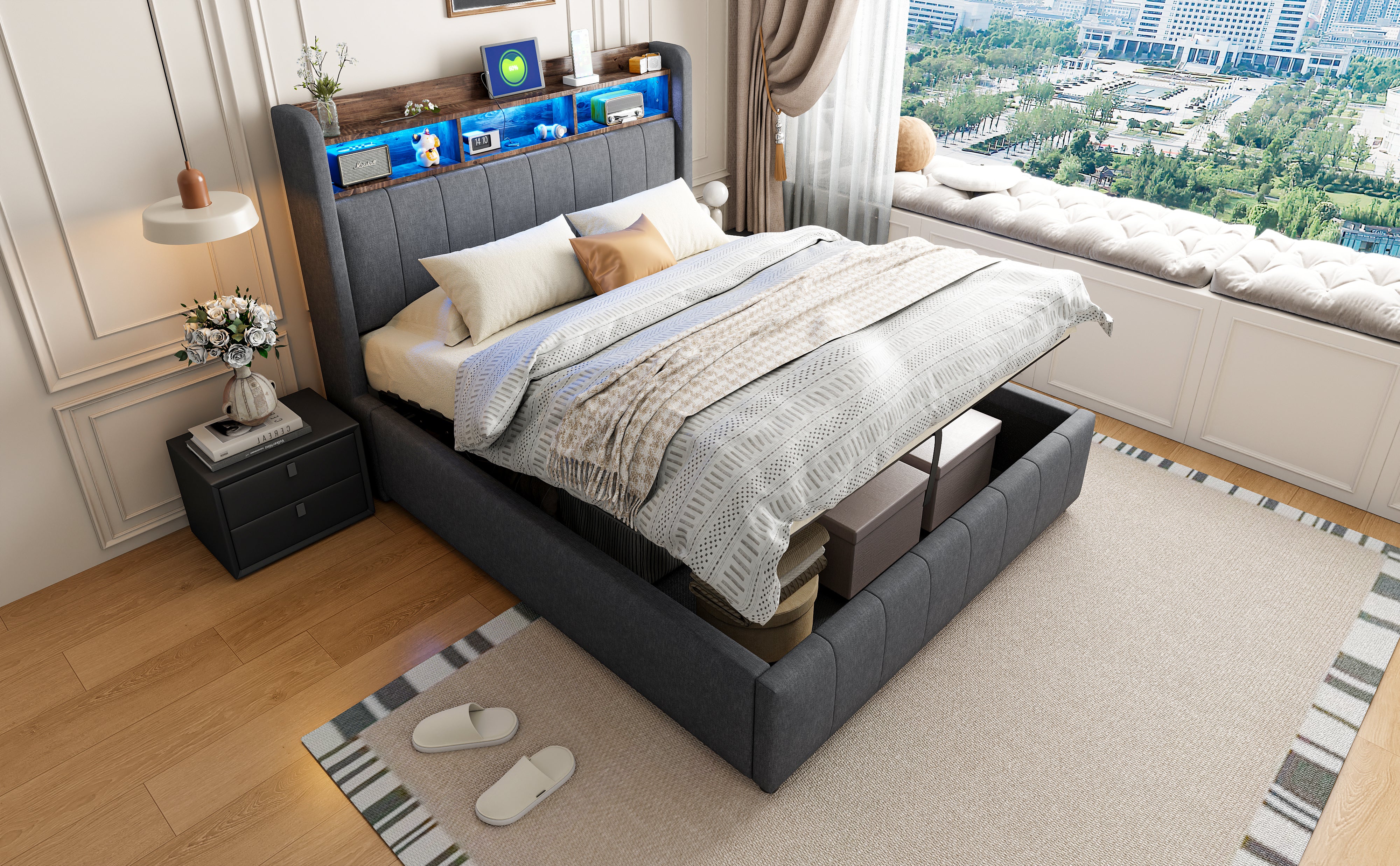 Upholstered Bed 140x200cm, LED & USB, Hydraulic Storage, Grey Linen