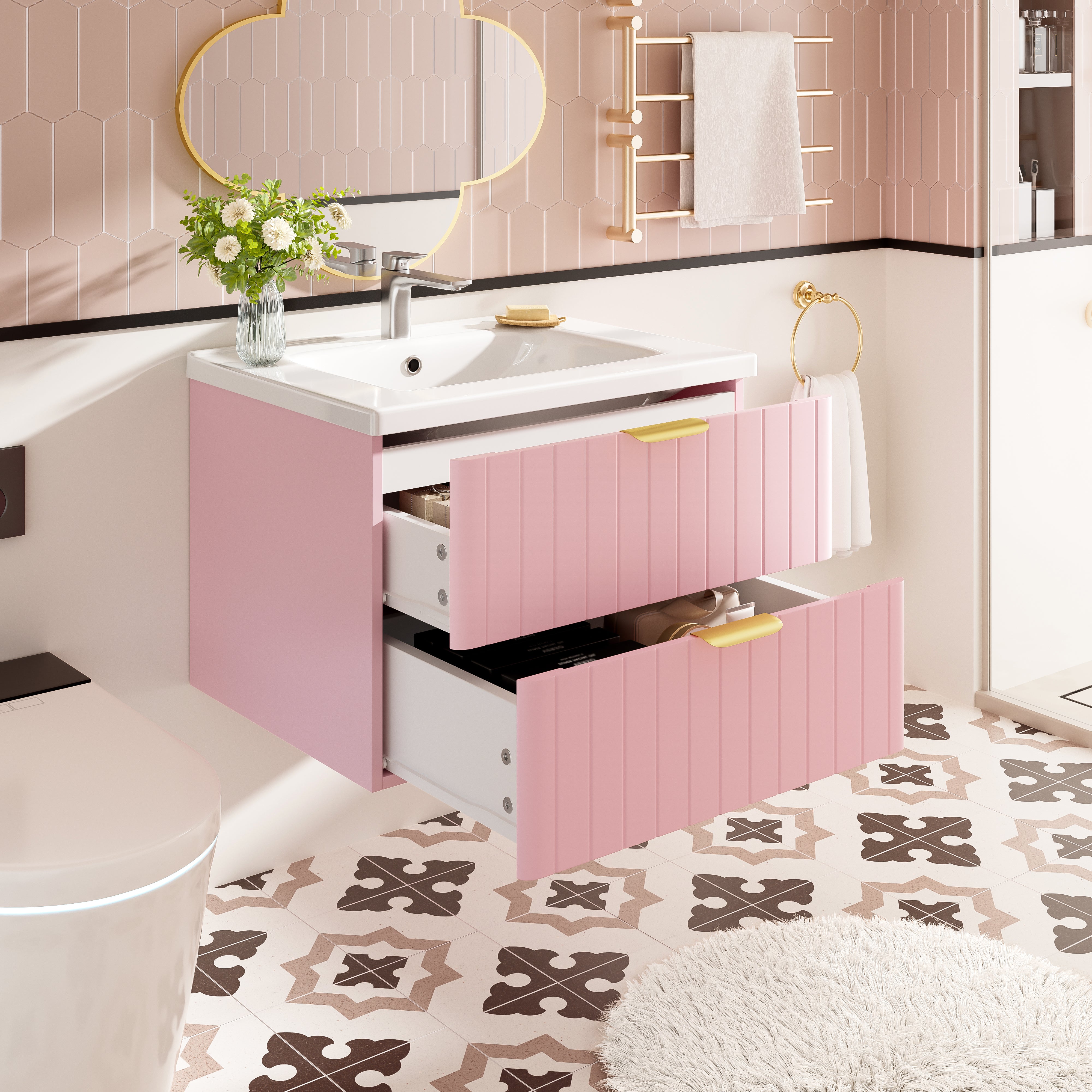 Wall-Hung Vanity Unit with Ceramic Sink and Double Storage, Pink
