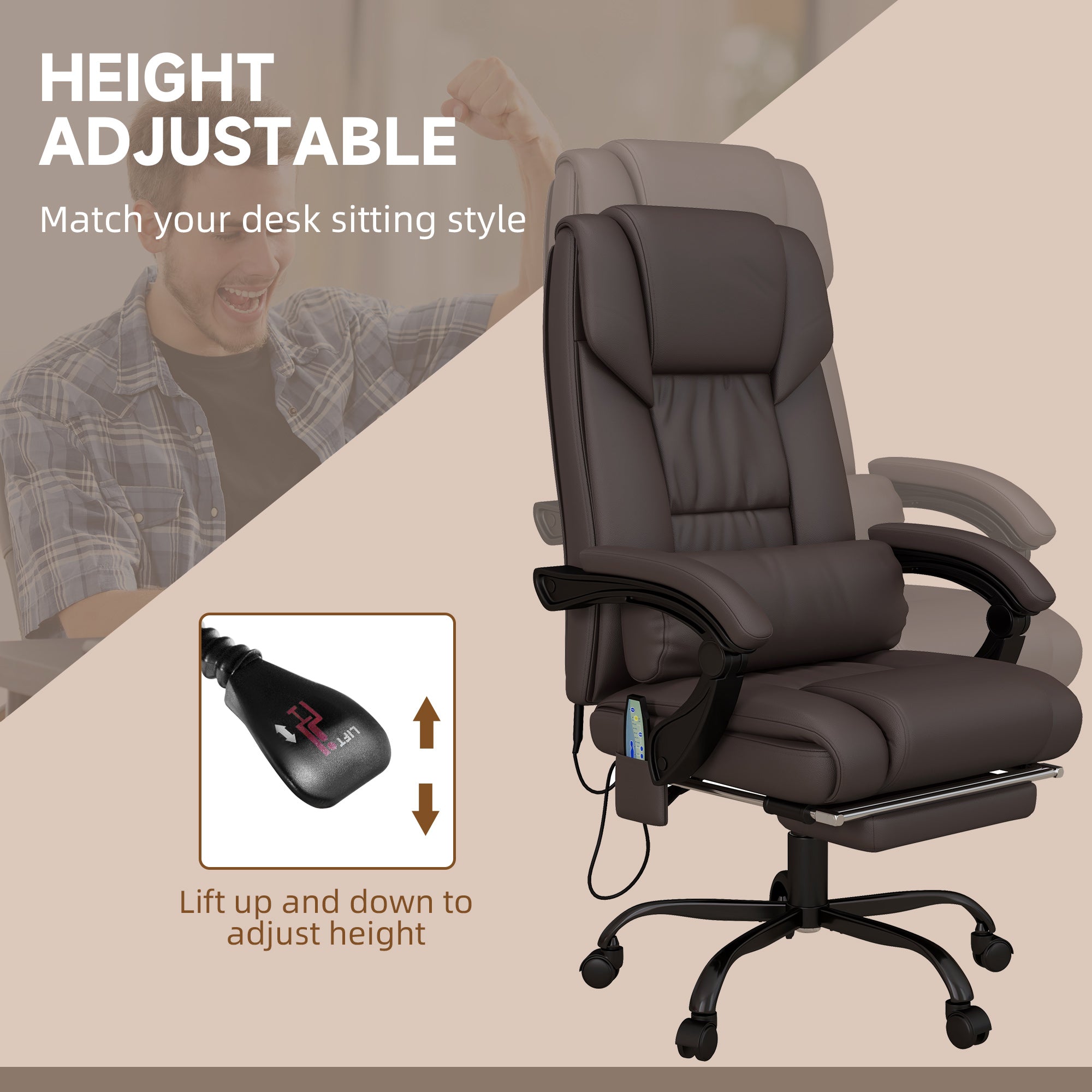 6-Point Massage Office Chair, Adjustable Height Footrest Desk Chair, Brown PU Leather