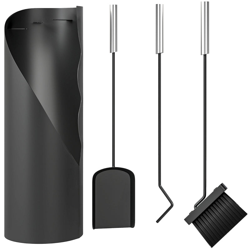 Fireplace Tool Set 4-Piece Brush Shovel Poker and Basket Black Metal