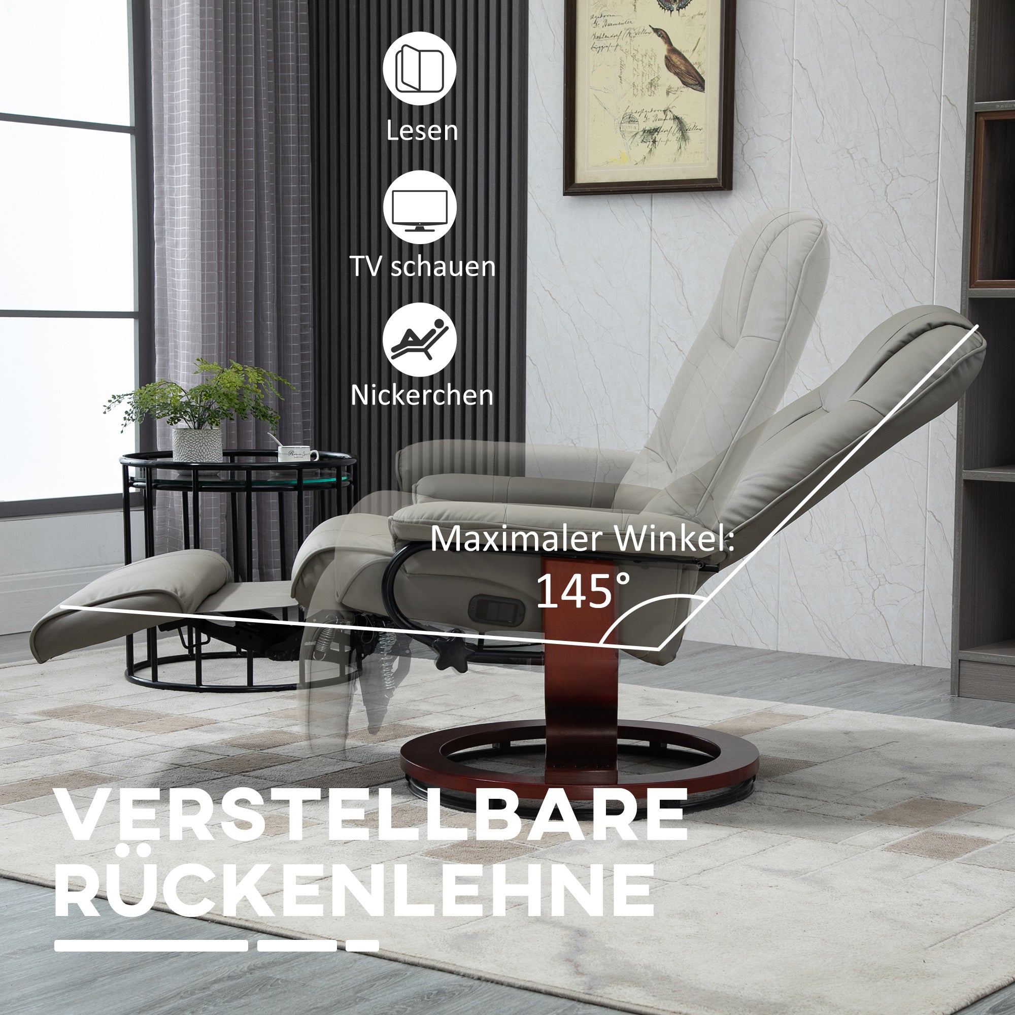 Electric TV Recliner, 145° Reclining Footrest with Side Buttons, Faux Leather Grey