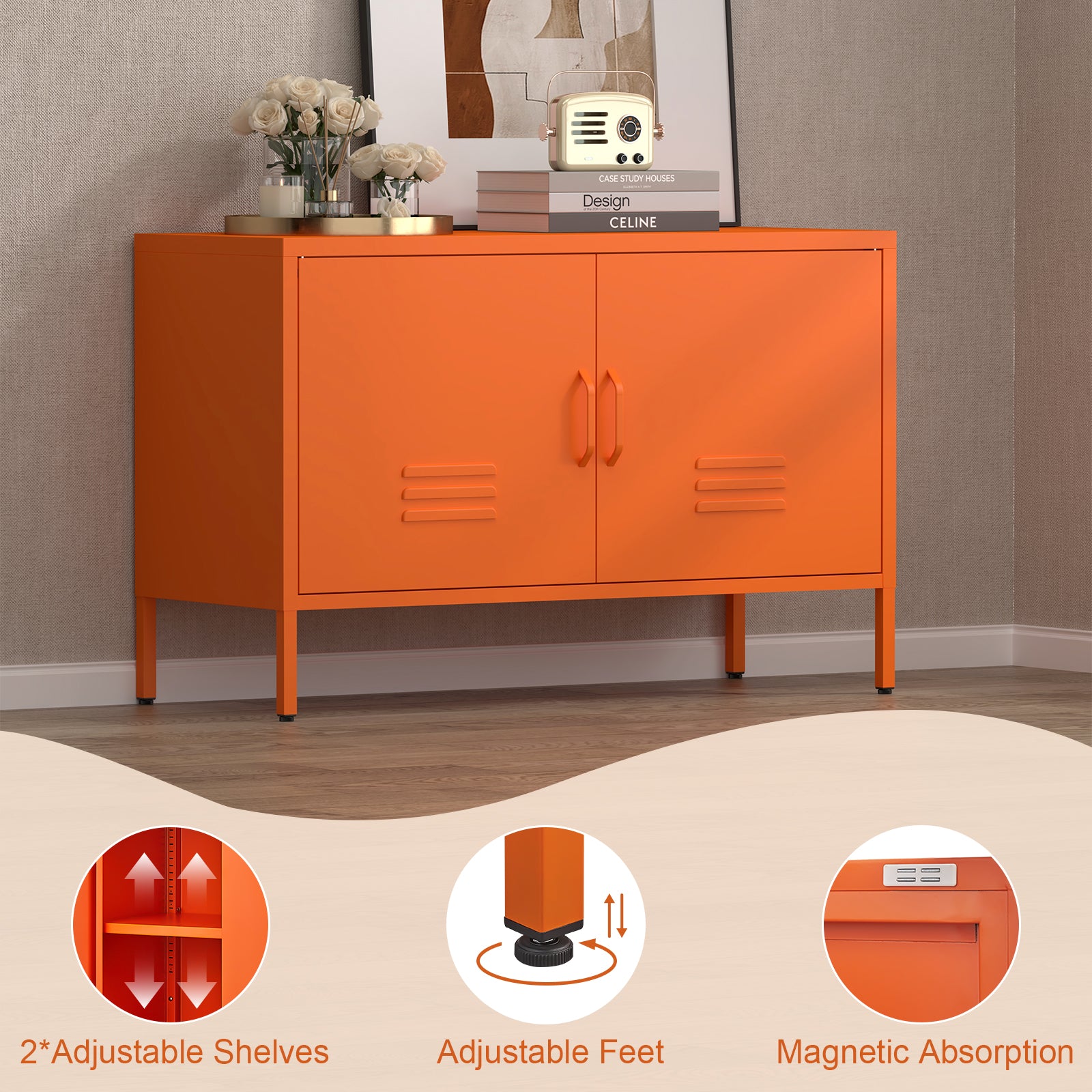 Locker Cabinet Metal Storage TV Stand with 2 Doors Orange
