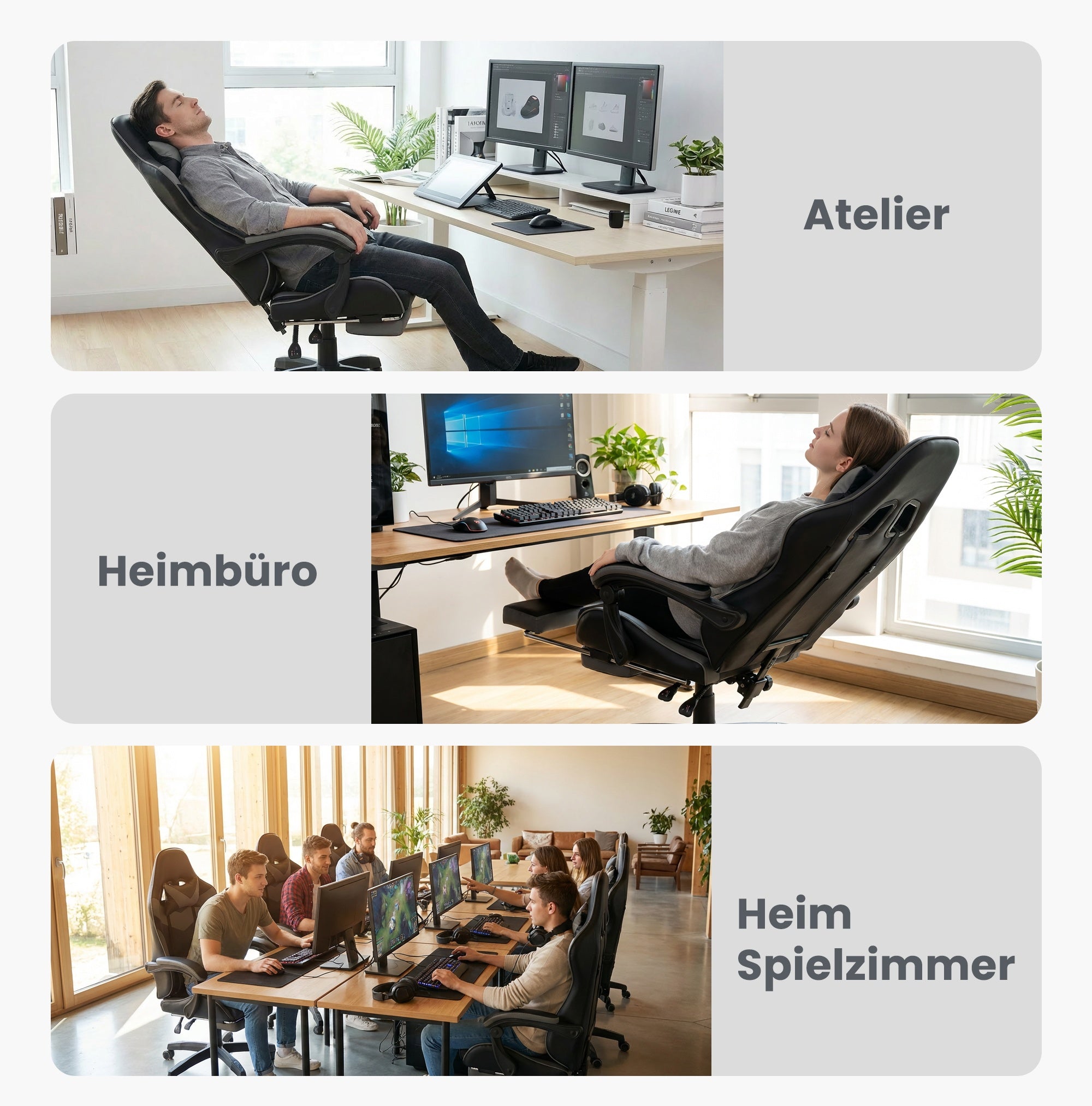 Gaming Chair Ergonomic Racing Design High-Back Adjustable Footrest & Lumbar Support Leather - Black & Grey