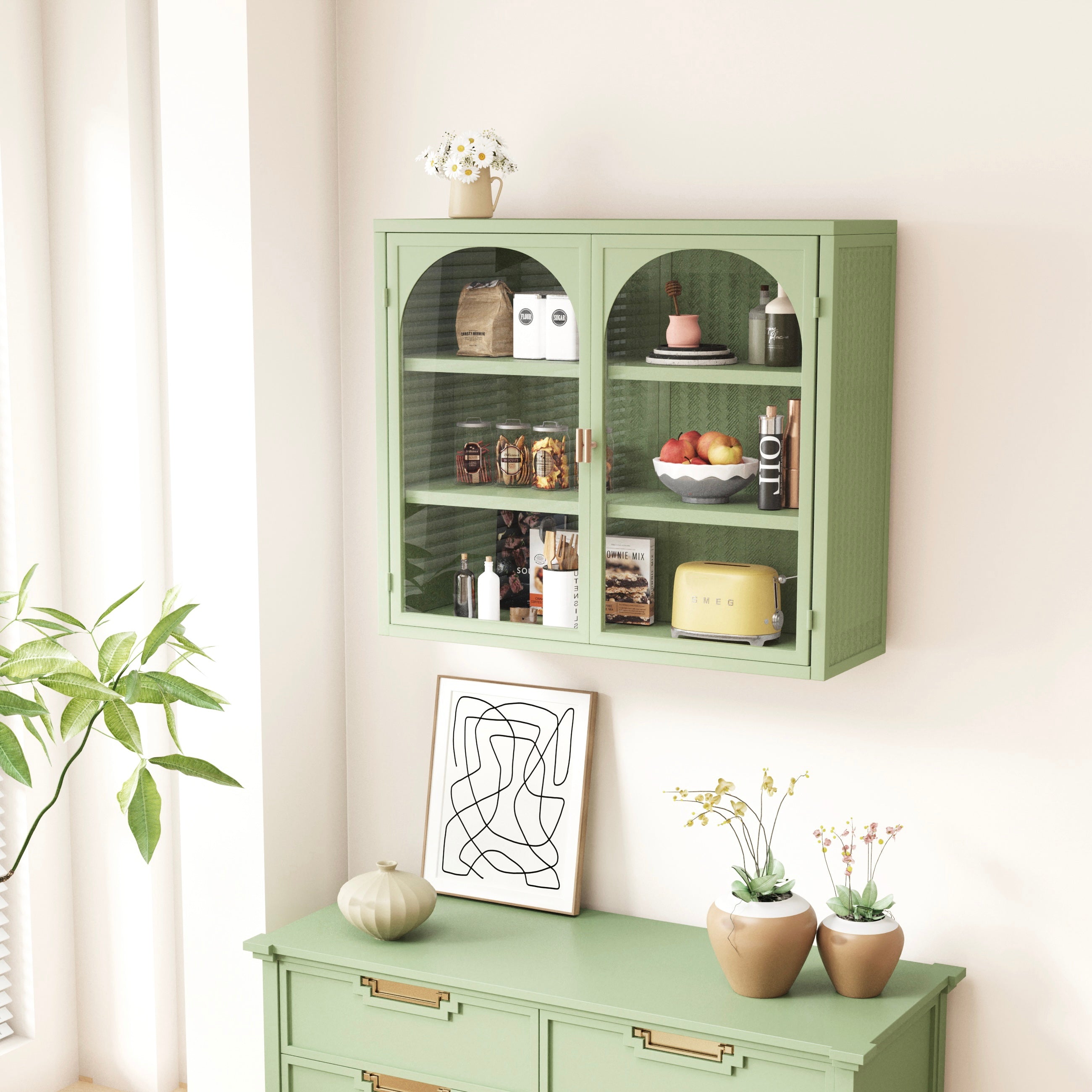Wall Cabinet 70cm Two-door Three-tier Storage Woven Pattern, Green