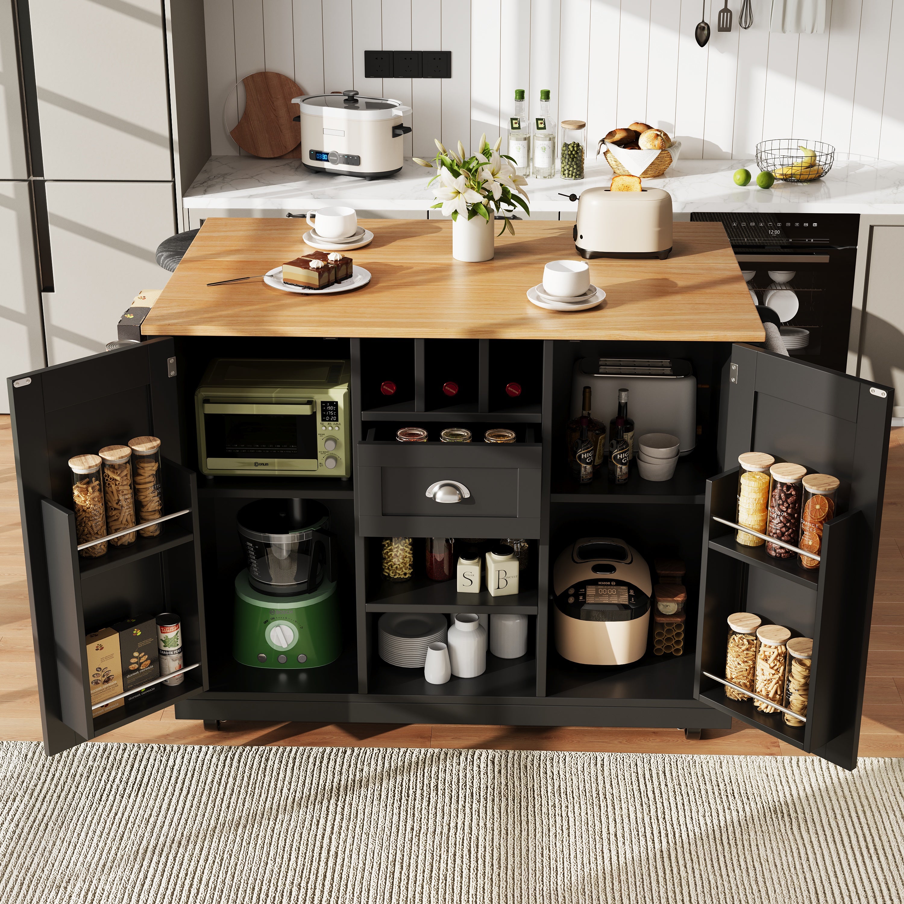Kitchen Island Dining Trolley with Wine Rack and Casters, Black Wood Grain