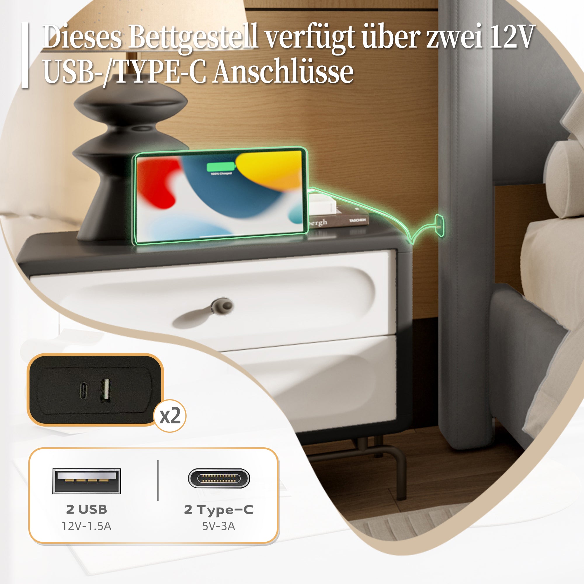 Upholstered Bed Frame, 140x190cm High Headboard & Footboard with USB Port, Grey