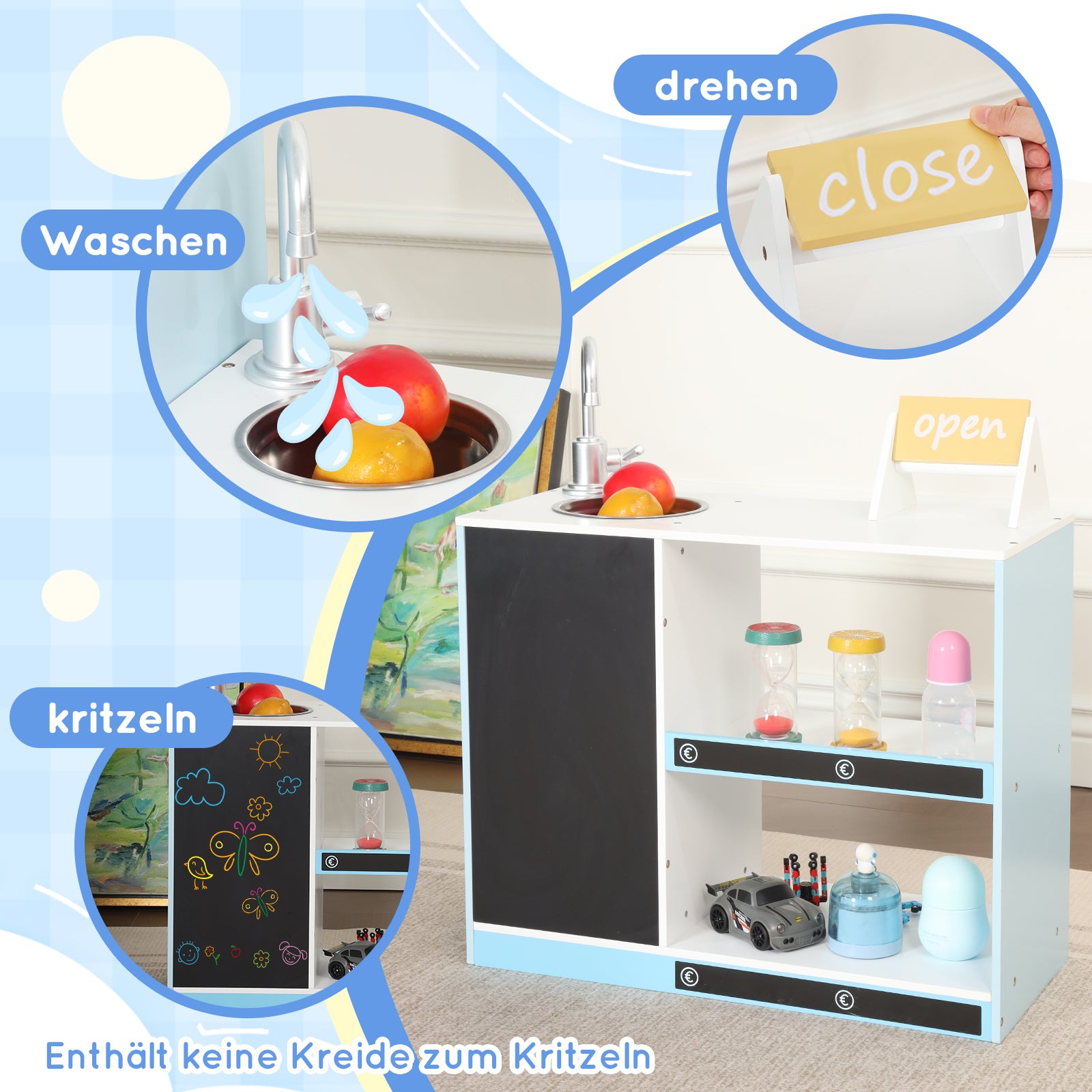 Children's Toy Shop with Shelves, Refrigerator and Chalkboard, Wood and Plastic, Blue