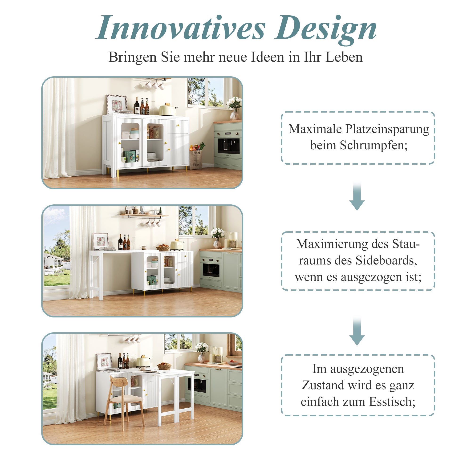 Buffet Sideboard Folding Extendable Top Rotating Glass Wave Doors - White