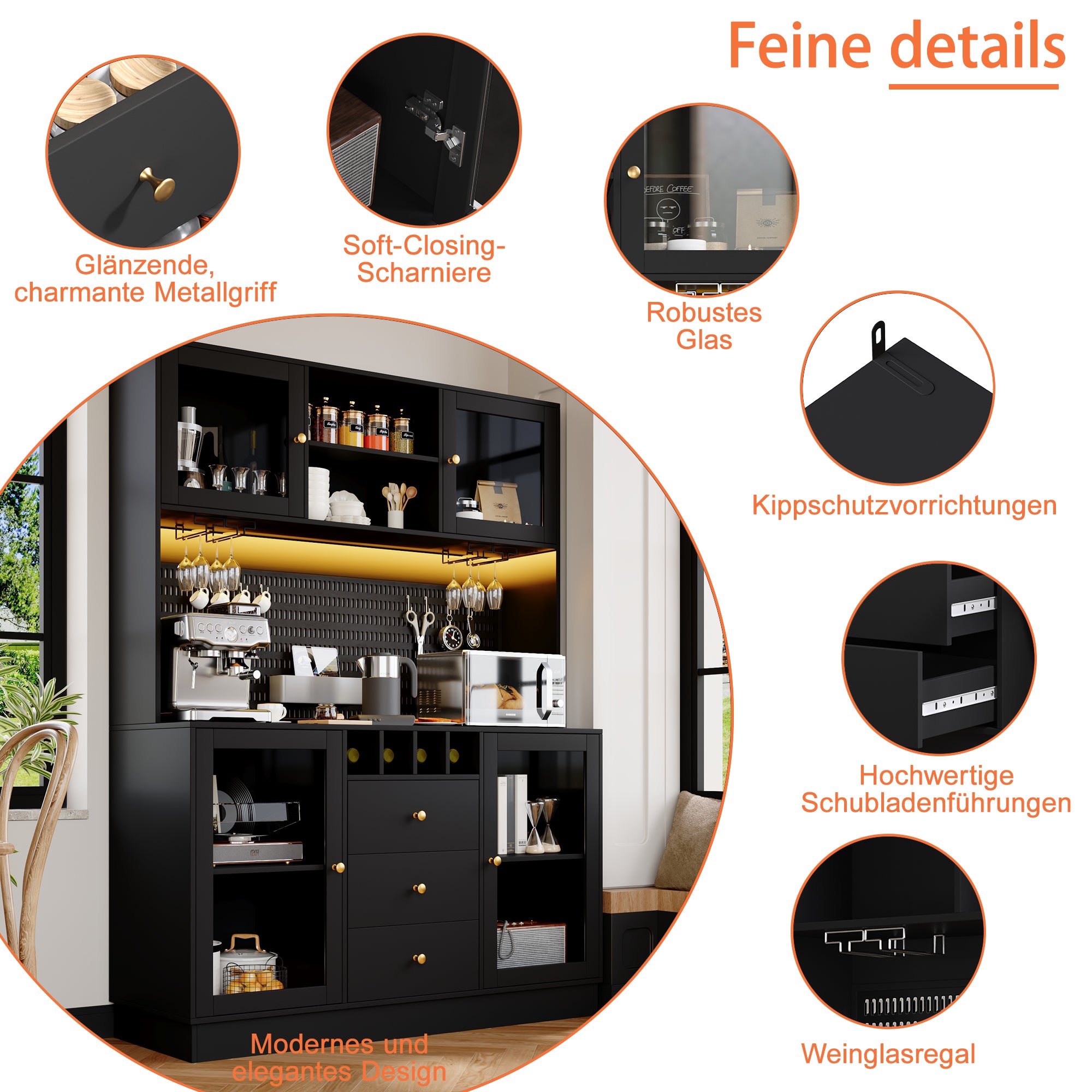 Modern Tall Cabinet with Smart LED Lighting, Wine Rack and Adjustable Shelves, Black