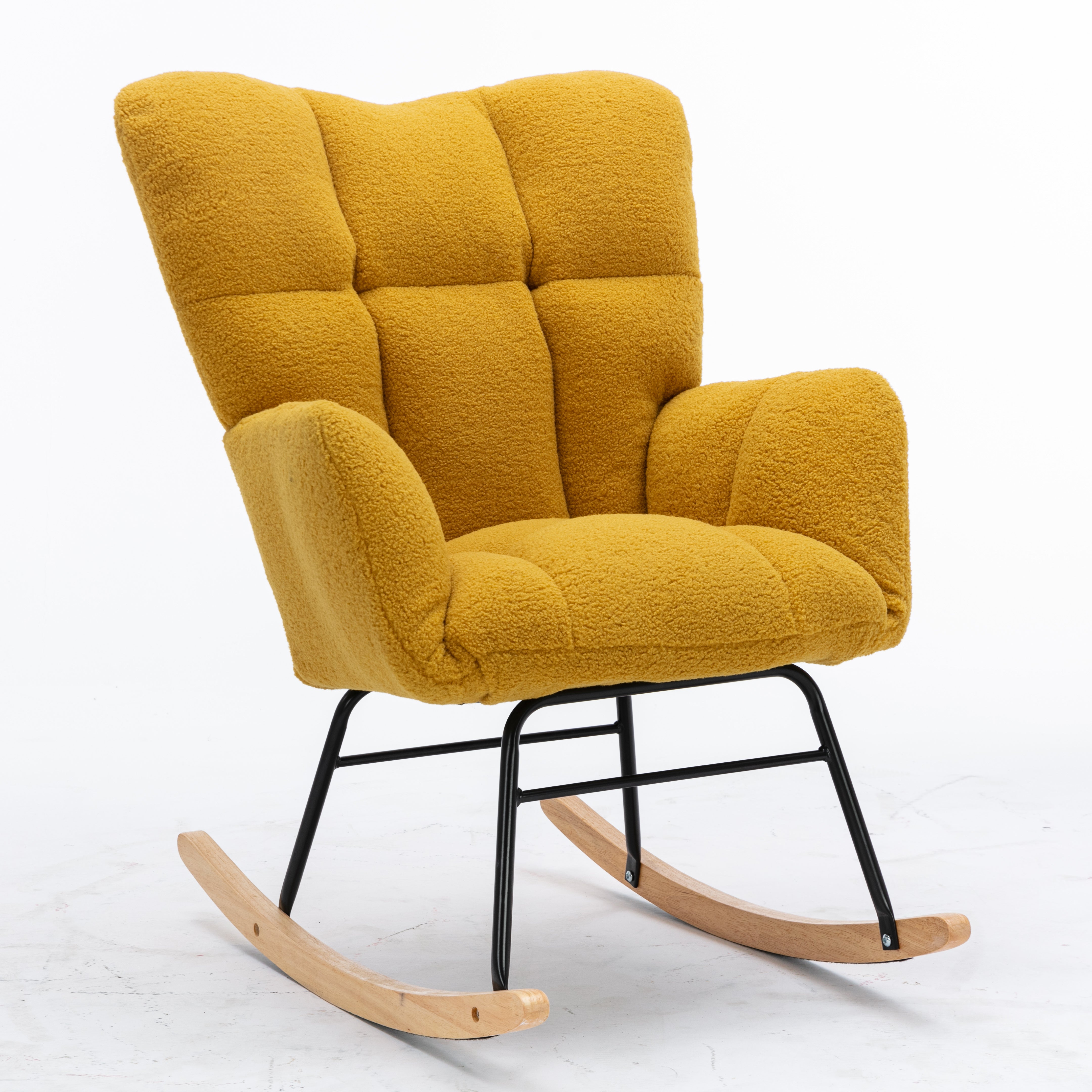 Mid Century Modern Rocking Chair with Tufted Cover, Padded Seat, Teddy Fabric, Yellow