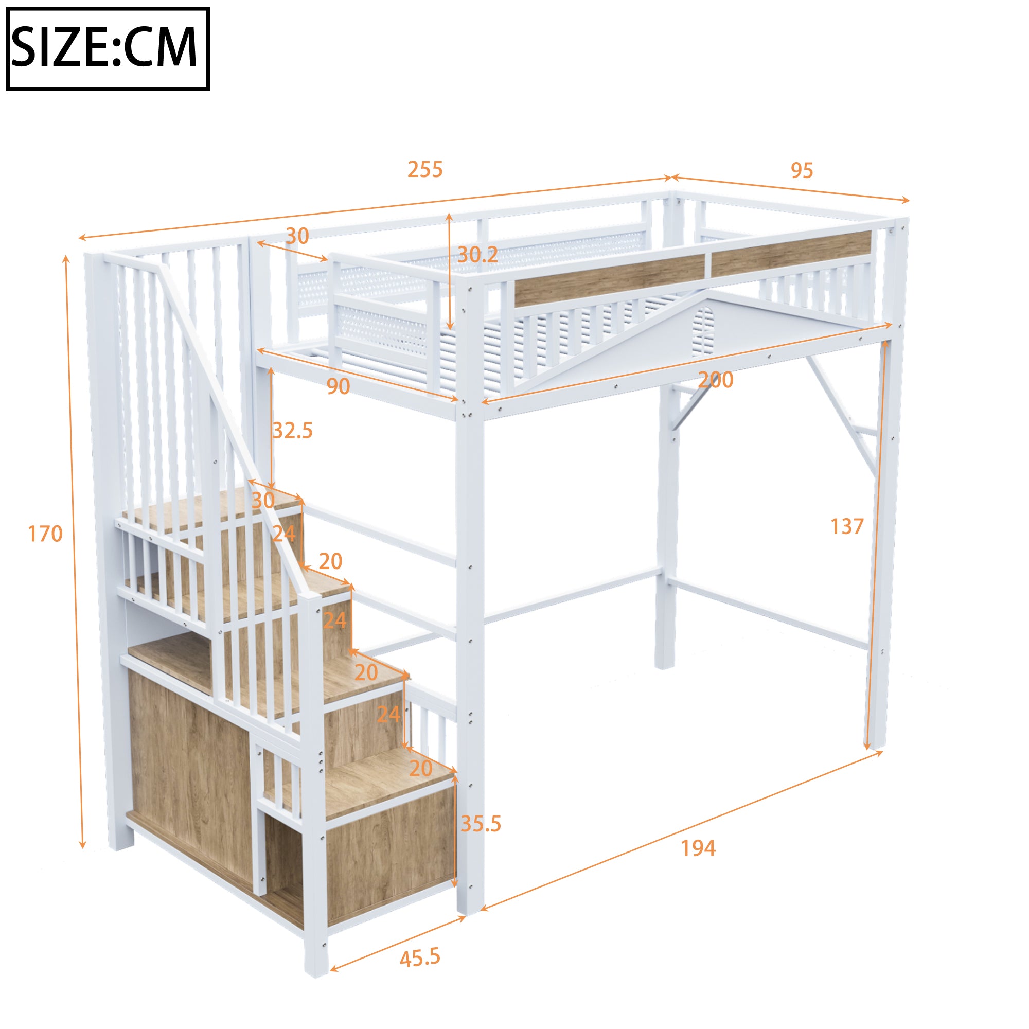 Metal Loft Bed, 90x200cm with Safety Enclosure, Ladder & Locker, White