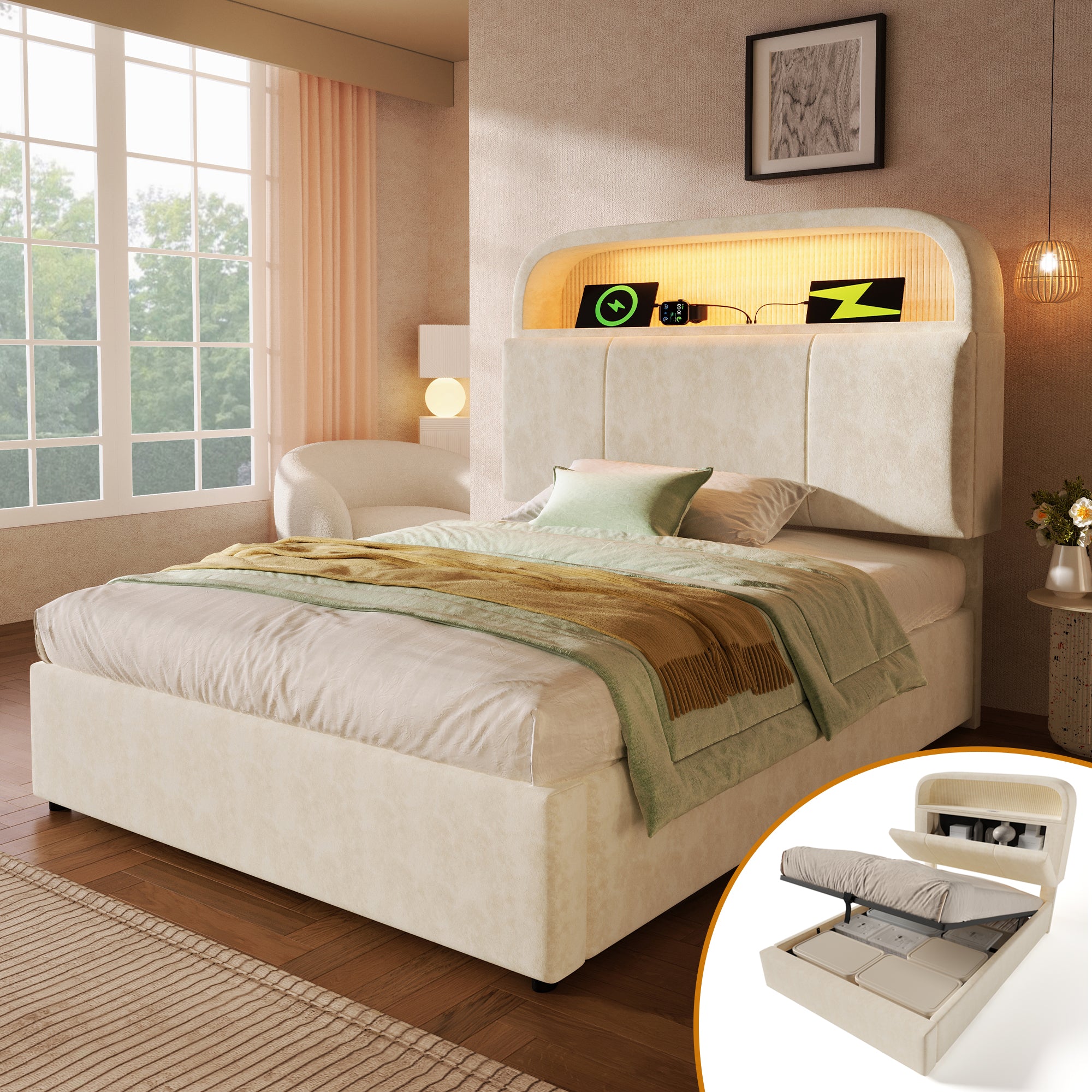 Upholstered Single Bed 90x200cm Adjustable Storage Headboard Hydraulic LED & USB/Type-C Charging Velvet Beige