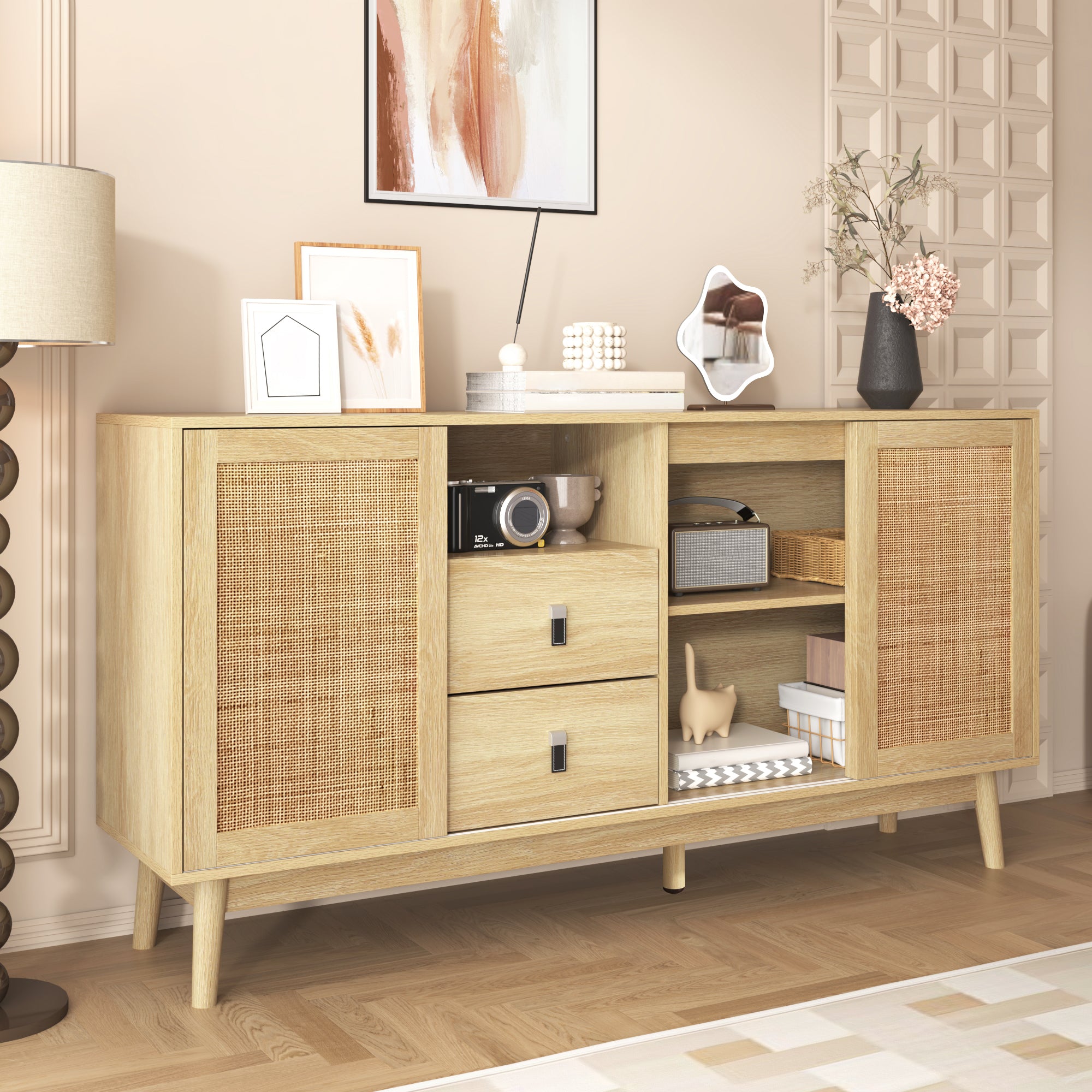 Sideboard, 3 Sliding Real Rattan Doors & 2 Drawers, Wood Color
