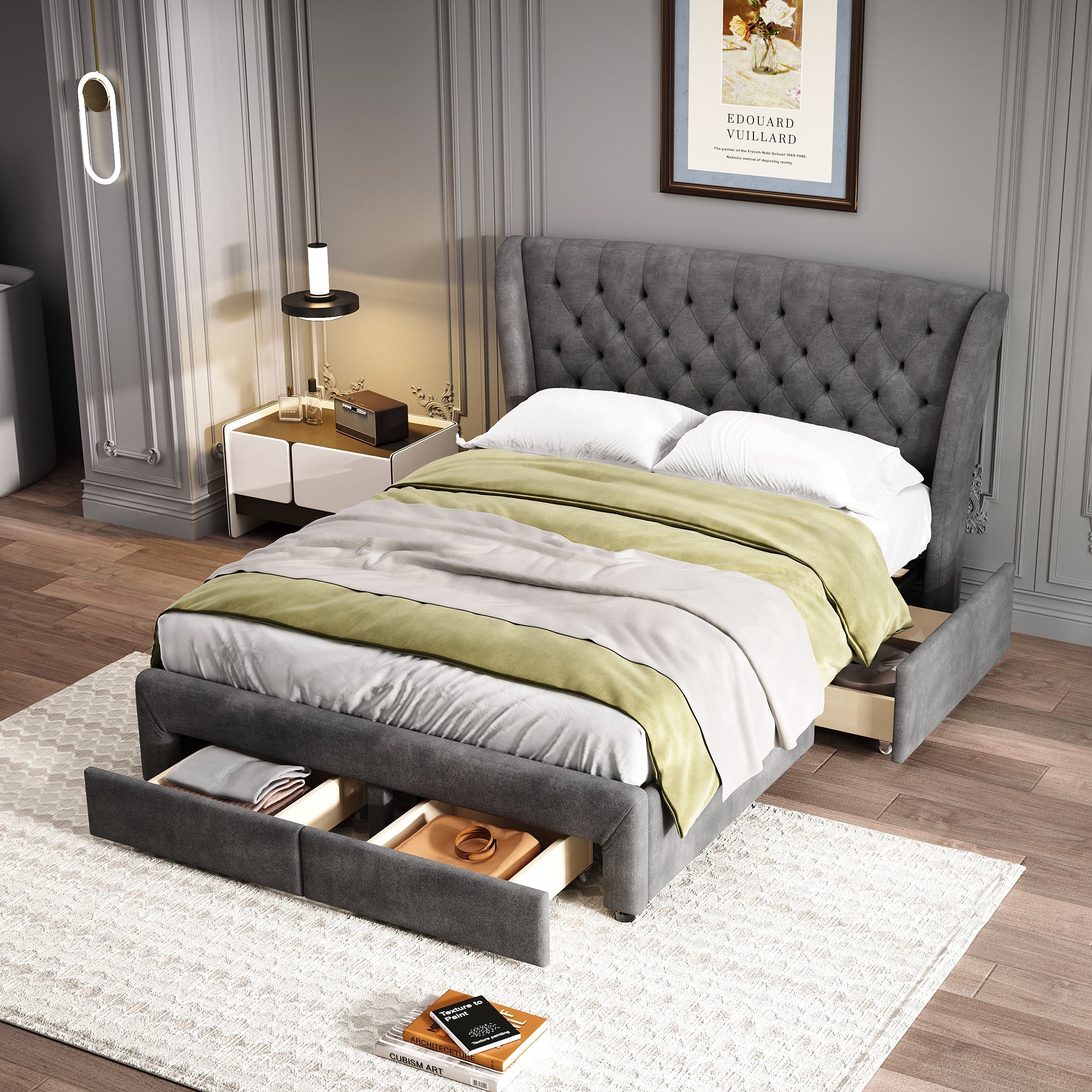 Upholstered Storage Bed 4ft6 Double with 4 Drawers, Soft Backrest & Metal Slats, Snowflake Fleece Grey