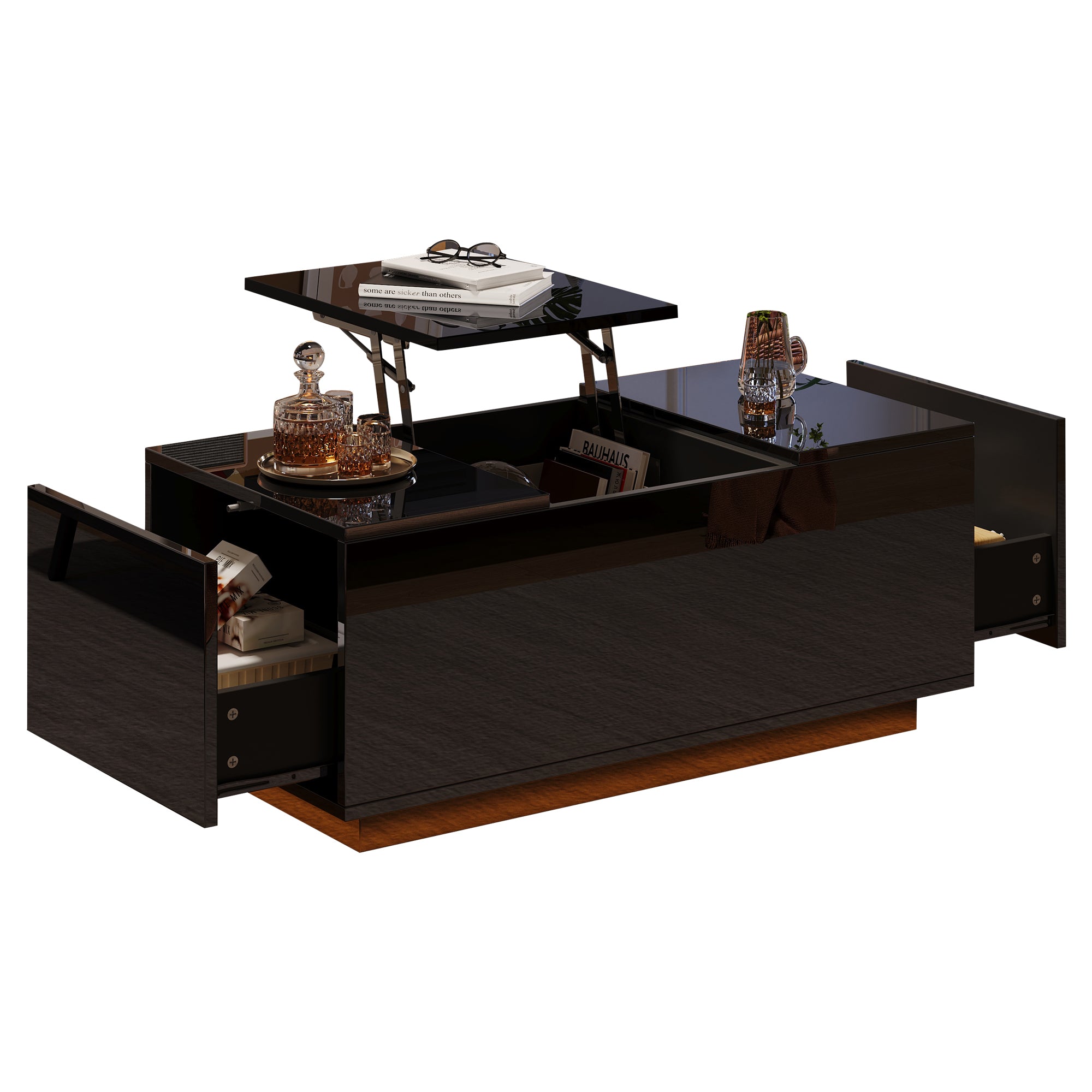 Coffee Table 95x48x40cm with Lift-Top, 2 Drawers, LED, Black