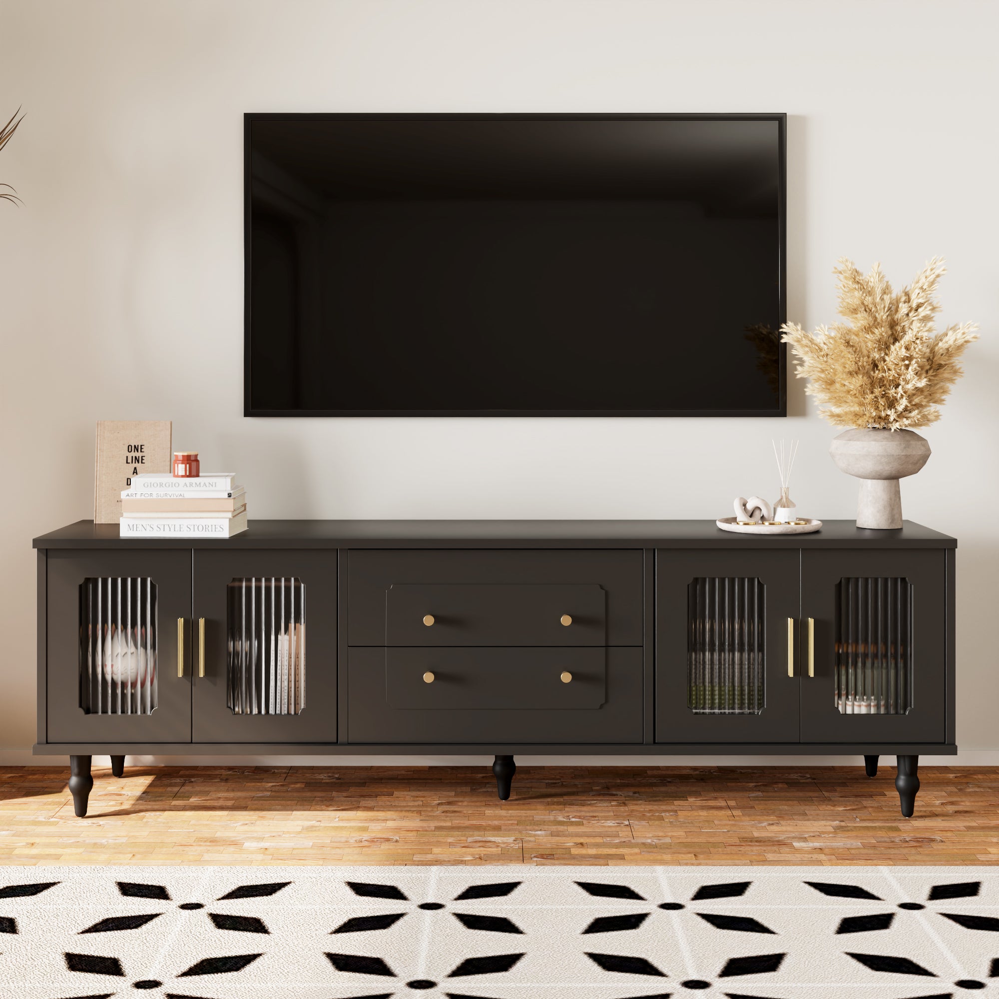 TV Cabinet, Retro Lowboard with Gold Handles, Glass Door, Solid Wood Legs