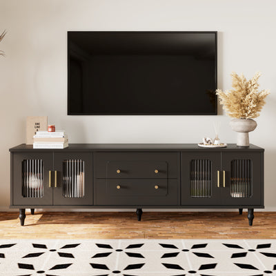 TV Cabinet, Retro Lowboard with Gold Handles, Glass Door, Solid Wood Legs