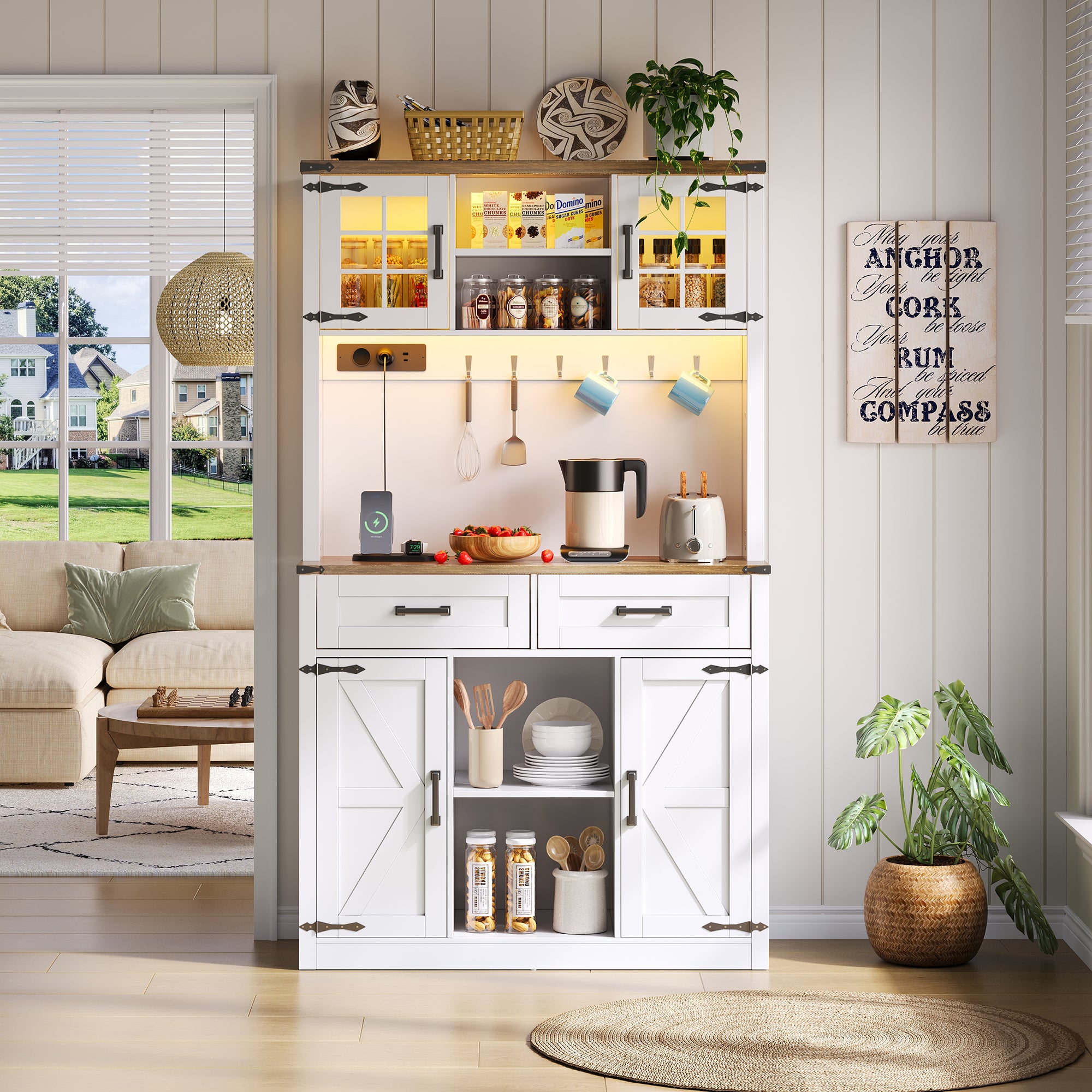 Bar Cabinet Buffet LED Sockets Barn Door 2 Drawers - White