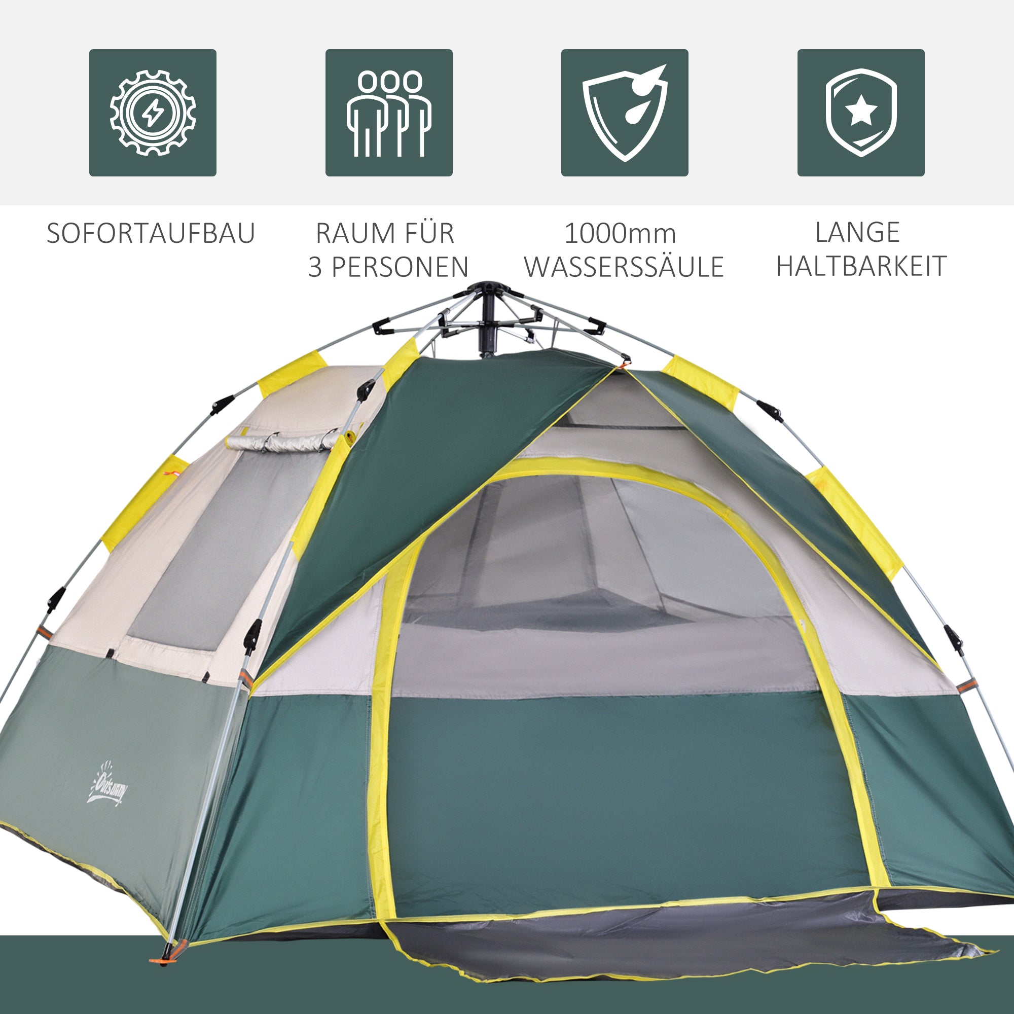 Dome Tent 3-Person 205x195x135cm Polyester, Green