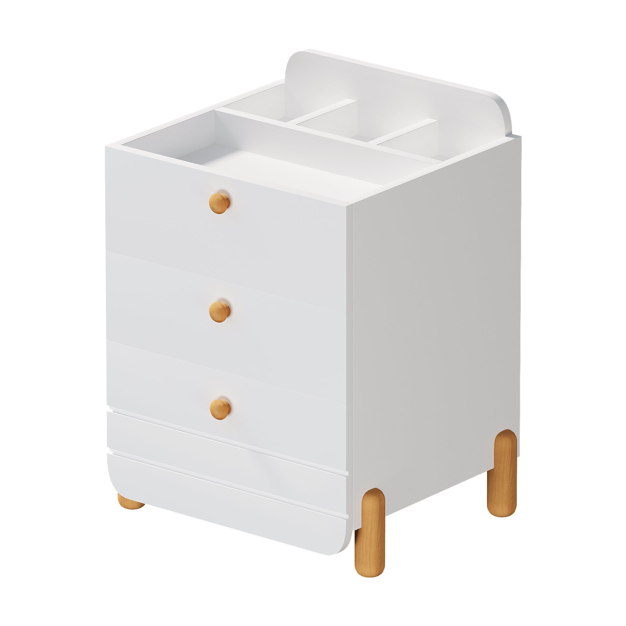 Bedside Table with 3 Drawers, Silent Design, Wood Feet, White