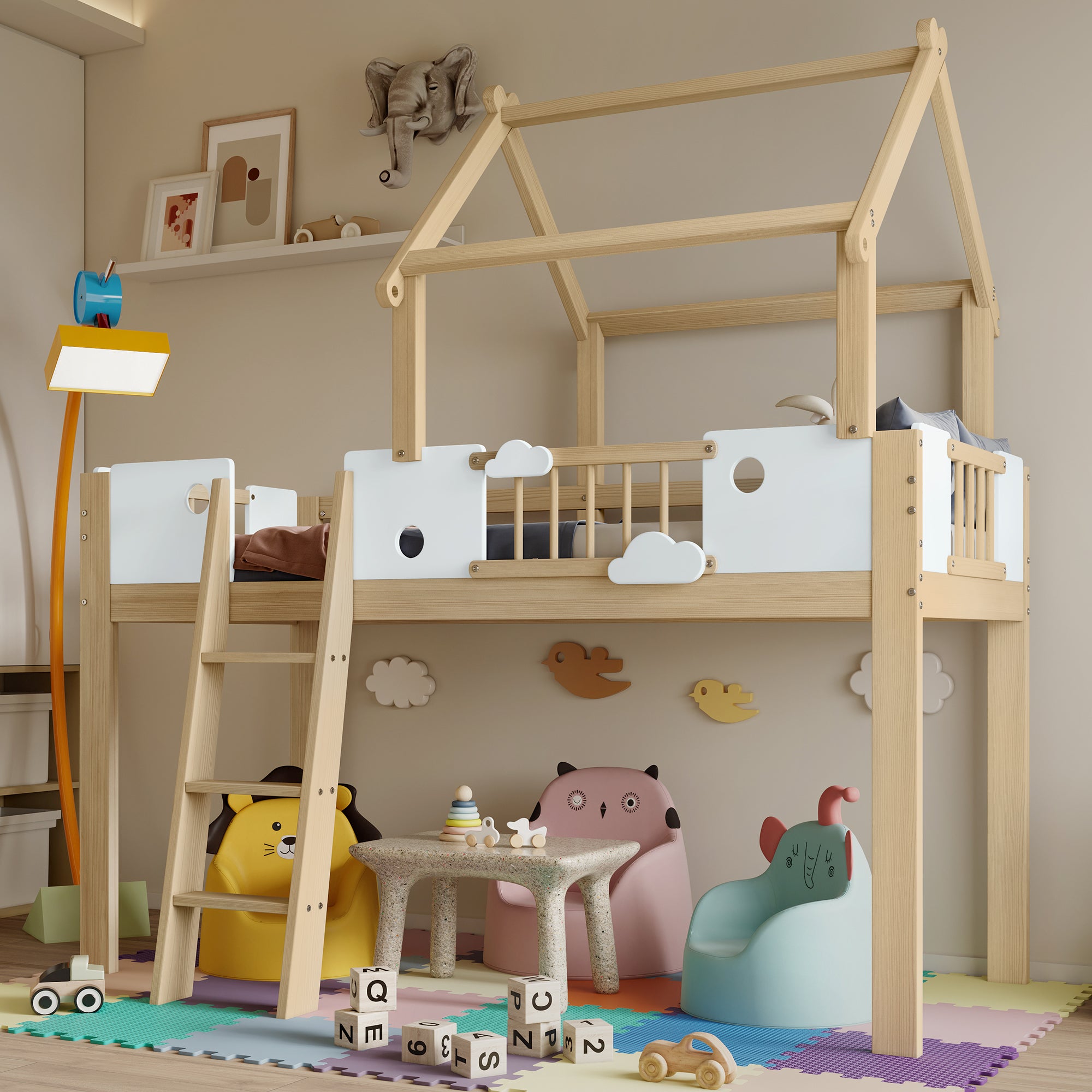Loft Bed, Children's with Fall Protection & Rails, Roof Design, 3-Step Ladder, Pine+MDF+Plywood, White+Natural