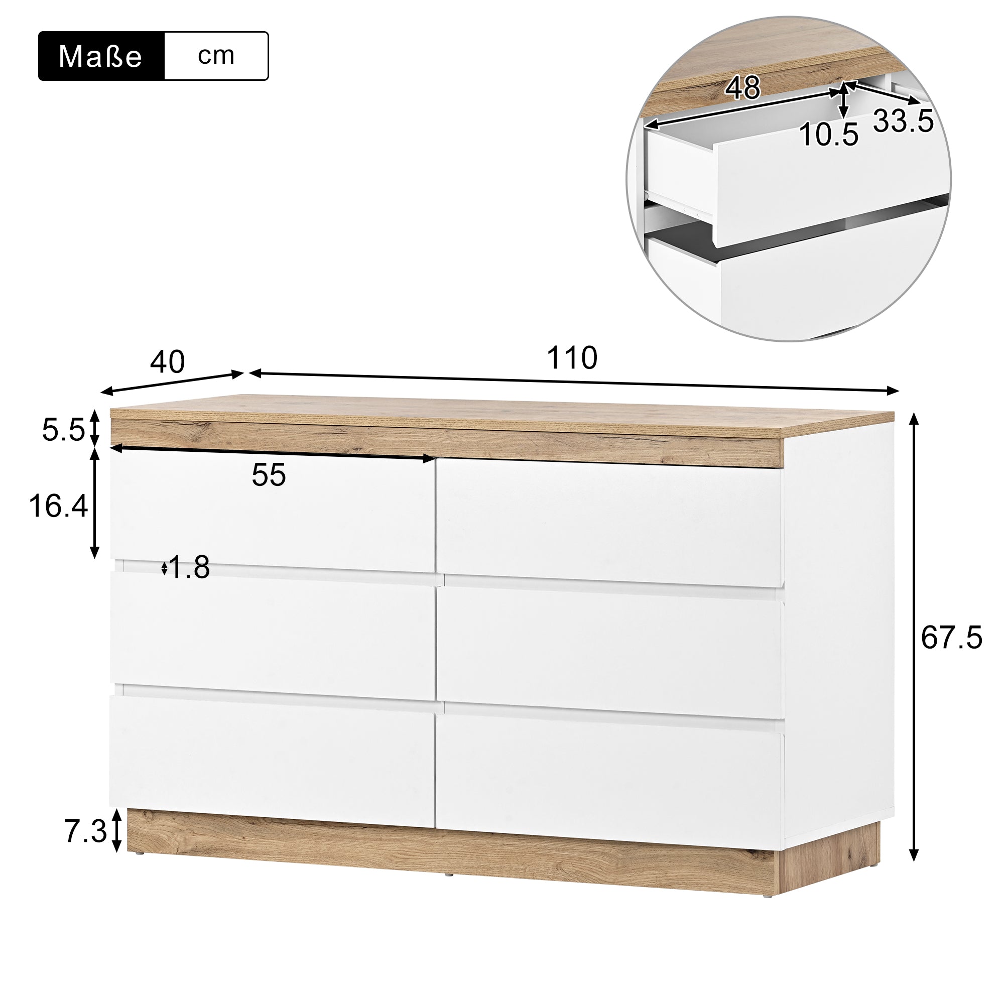 Chest of Drawers with 6 Drawers Lockable Storage for Bedroom & Living Room White/Oak E1 Chipboard