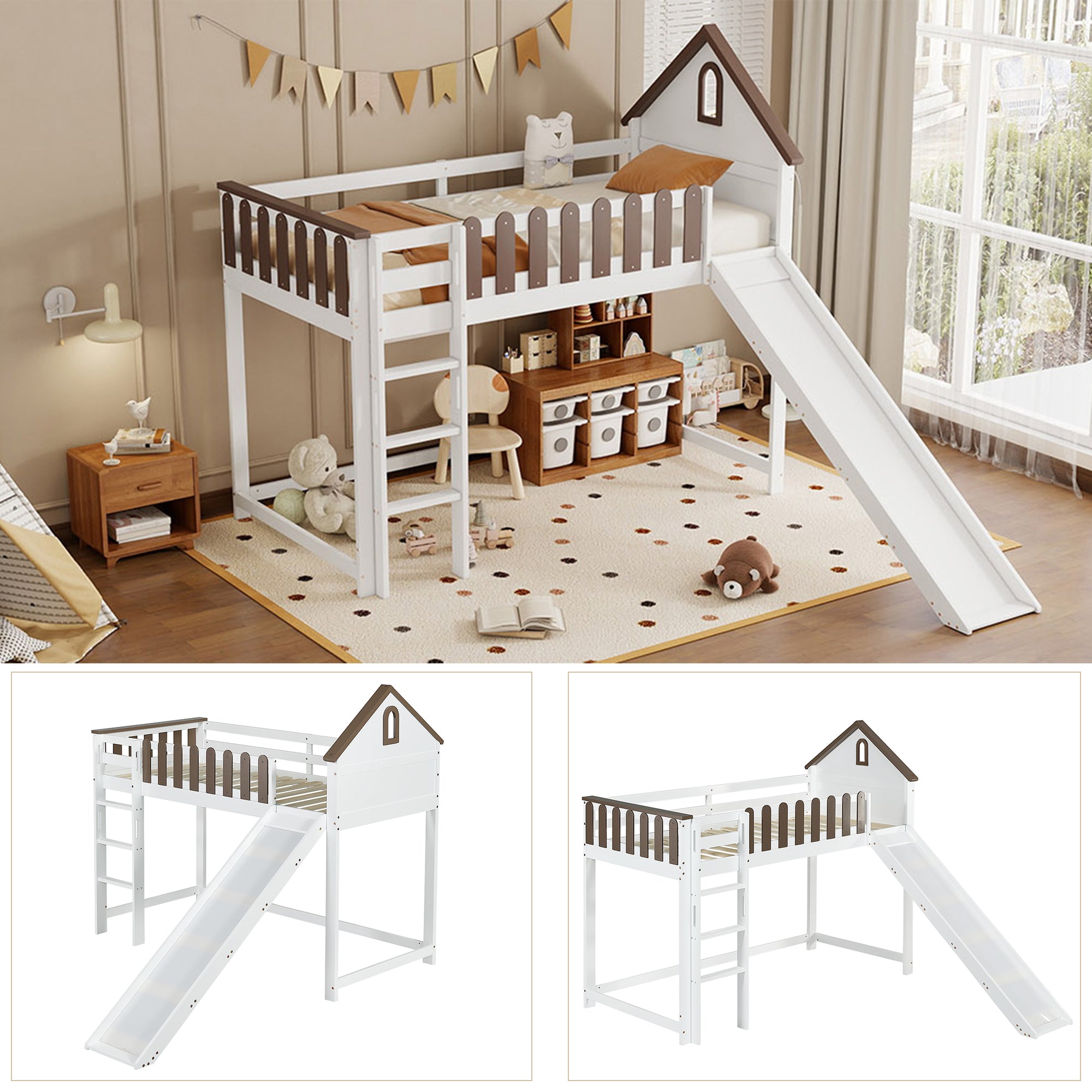 Loft Bed, Roof & Window, 3-Step Ladder, Slide, Pine+MDF, White+Walnut