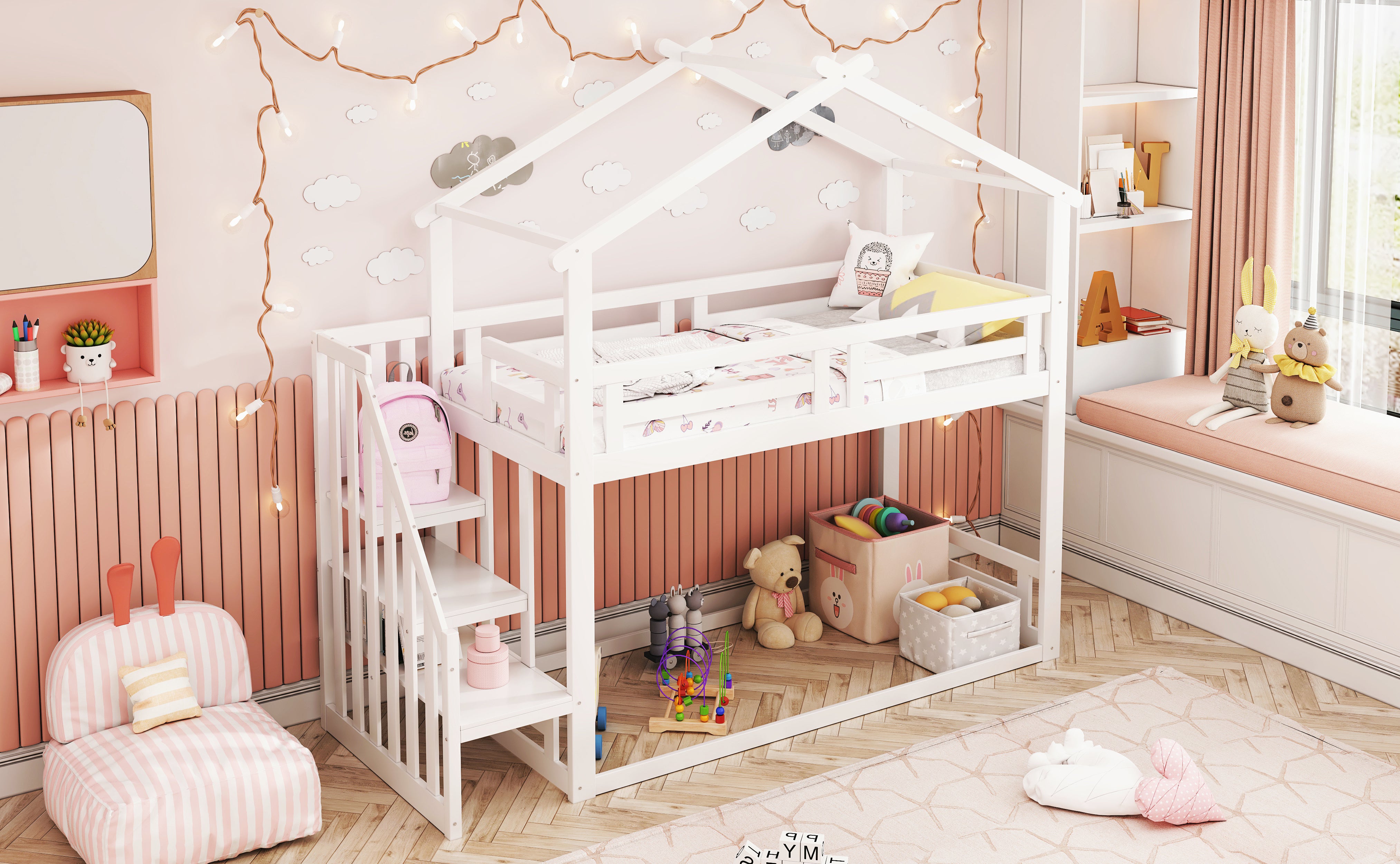 Children's Bed 90x200cm, Low Bunk Bed with Safety Stairs, Solid Wood, White