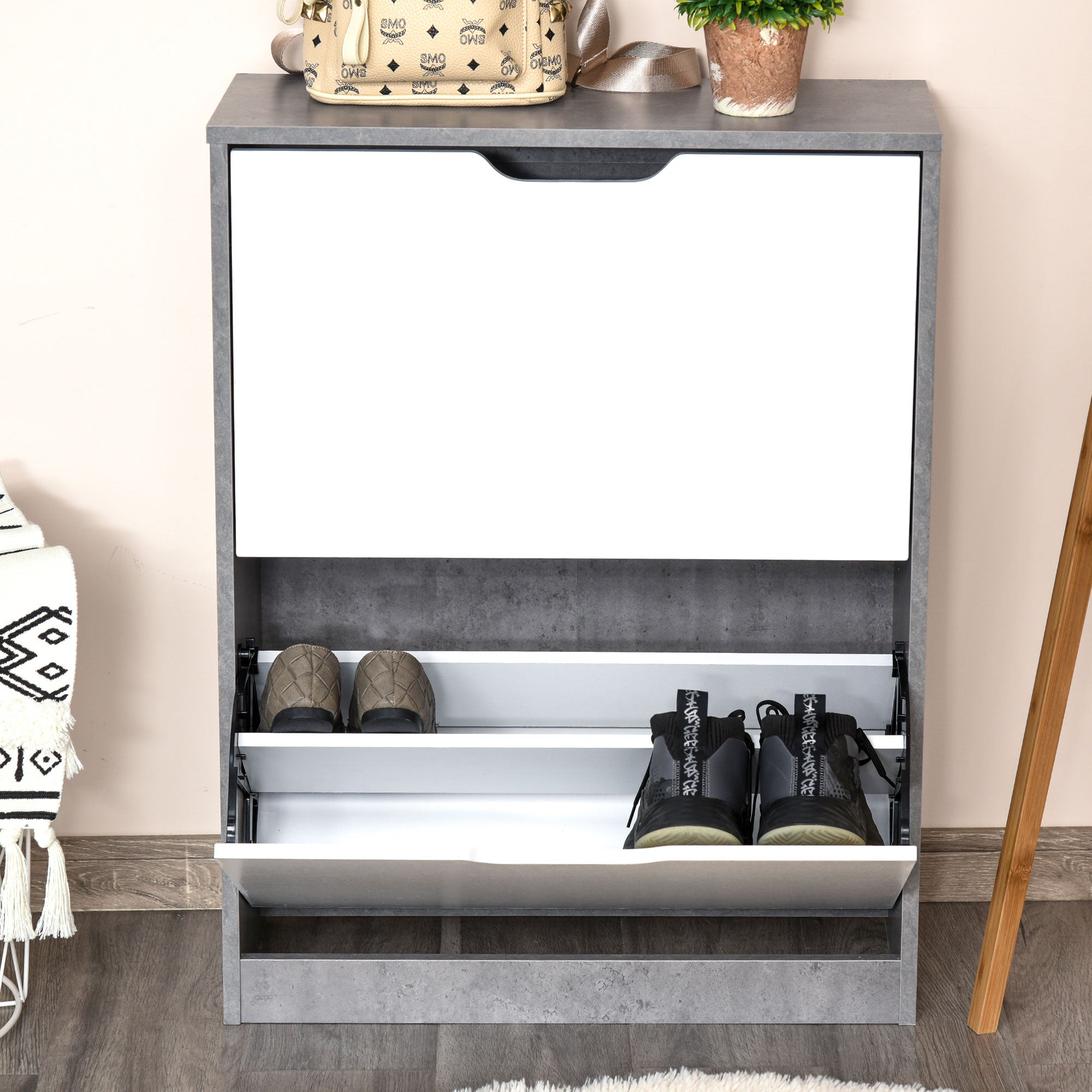 Two Drawer Shoe Cabinet with Adjustable Shelves and Groove Handles, Grey/White