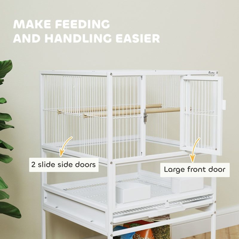 Bird Cage with Rolling Stand, Acrylic Viewing Panels, Storage Shelf