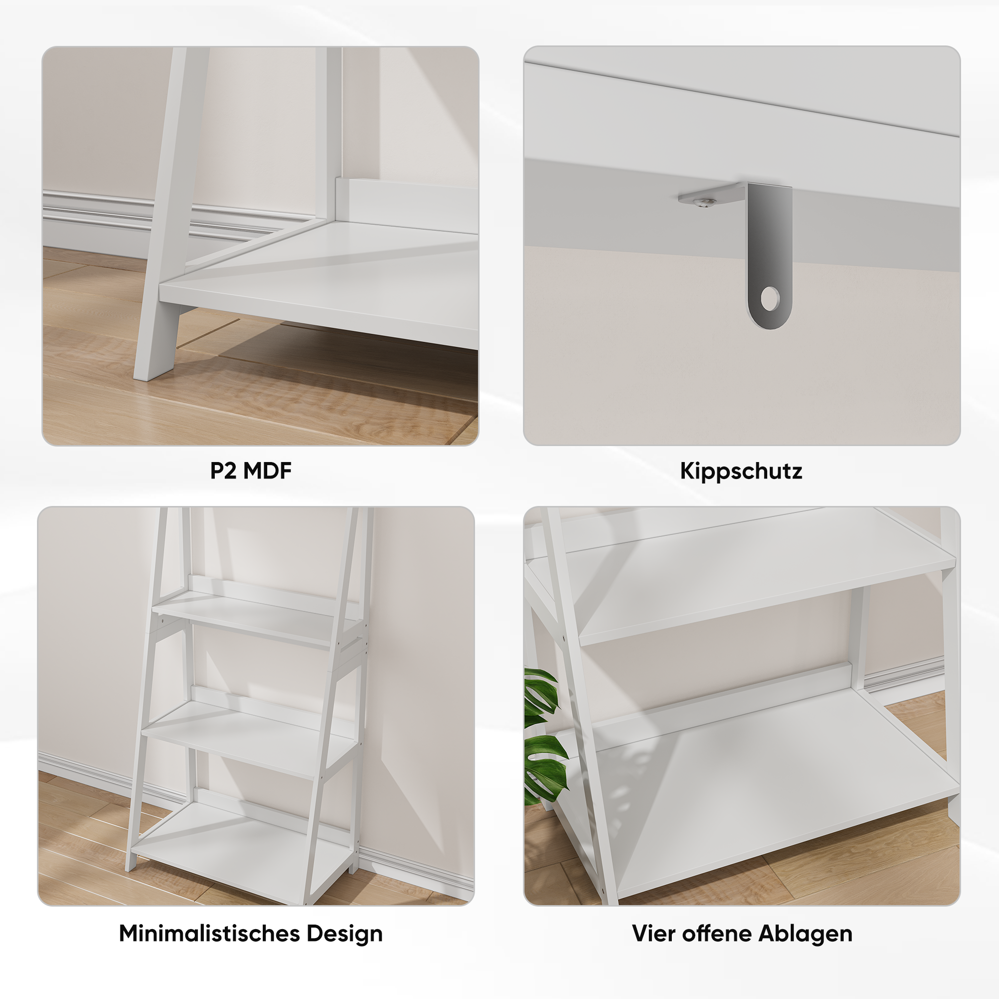 Ladder Bookshelf Display Stand, 4-Tier Bookcase, Bathroom Storage, White