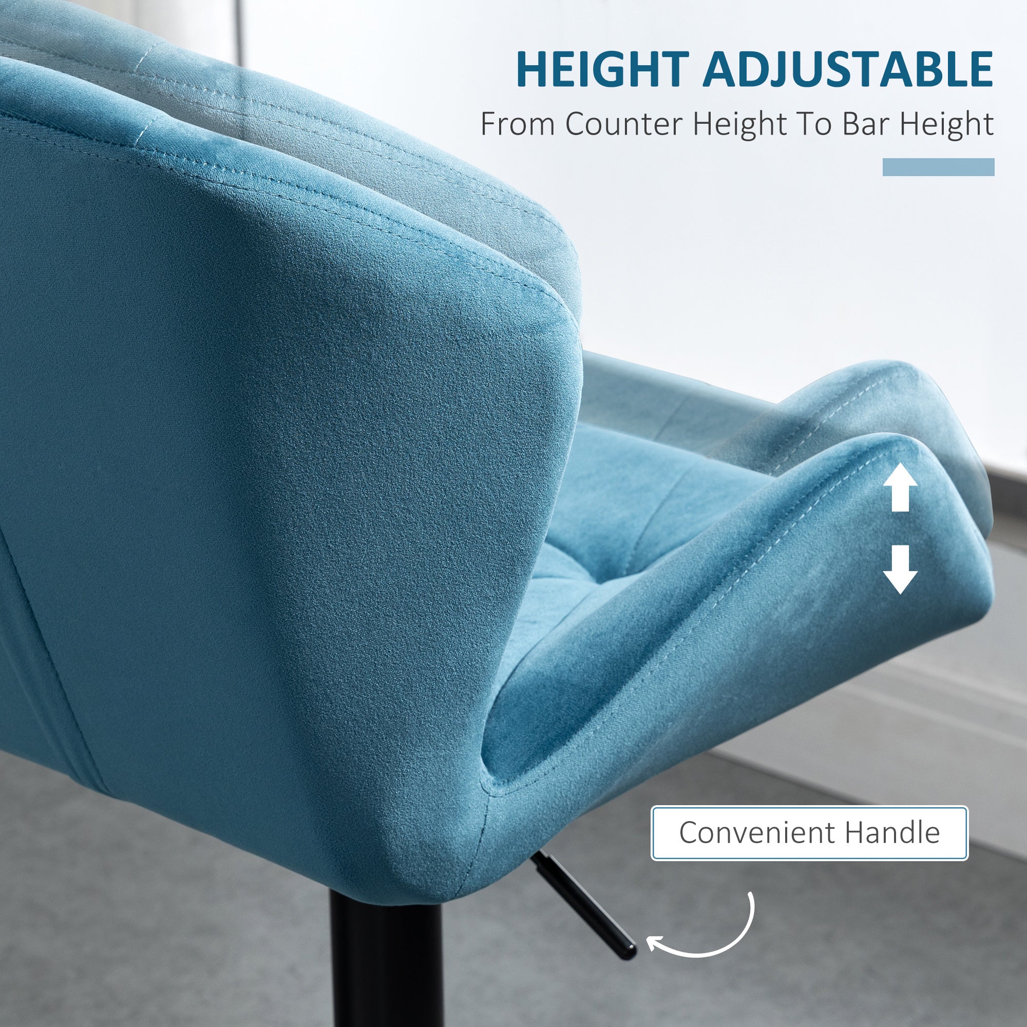 Bar Stools Set Of 2, Adjustable Swivel Velvet-Touch Blue