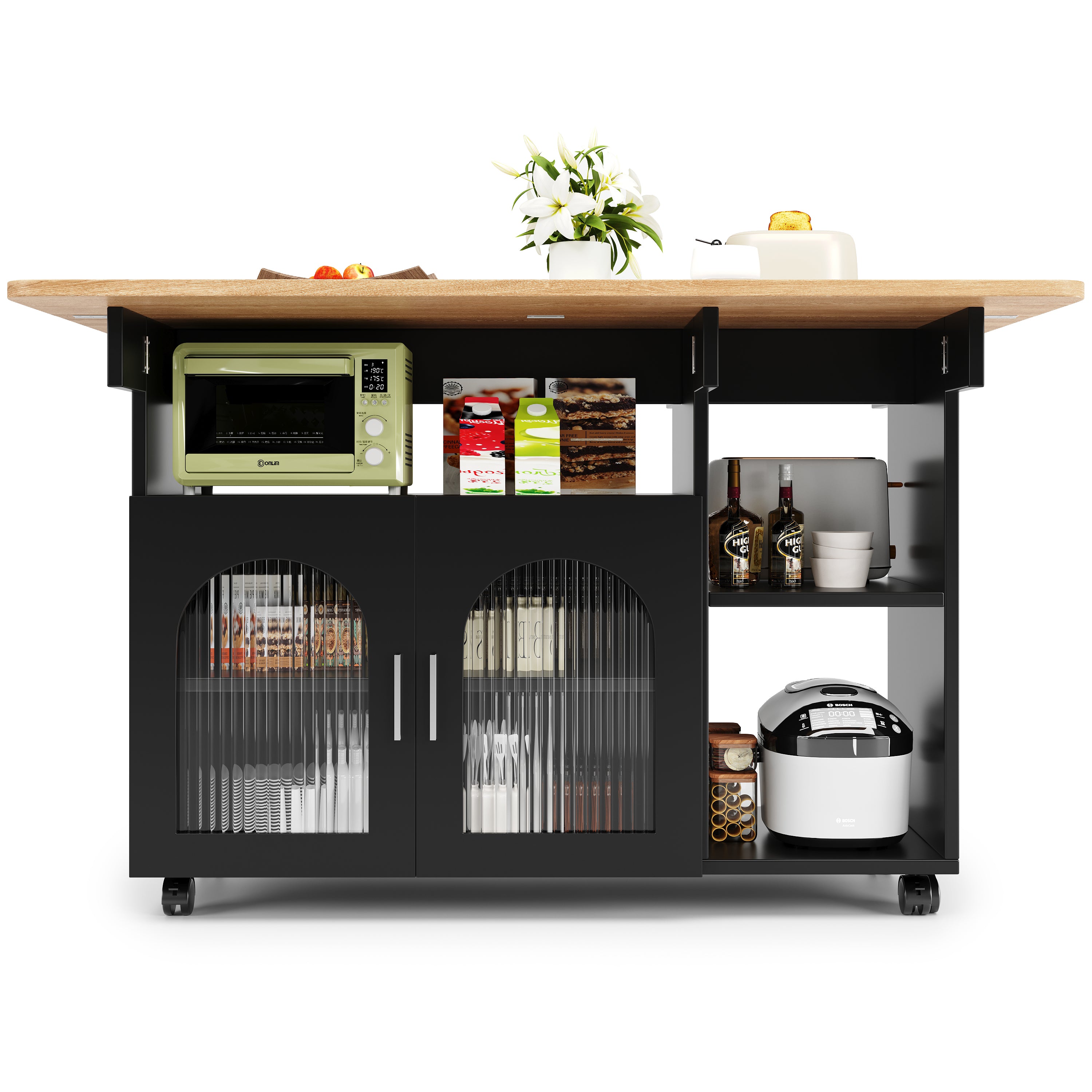 Kitchen Island Dining Cart - Multifunctional Table, Removable Trolley, Storage - Wood Grain Black