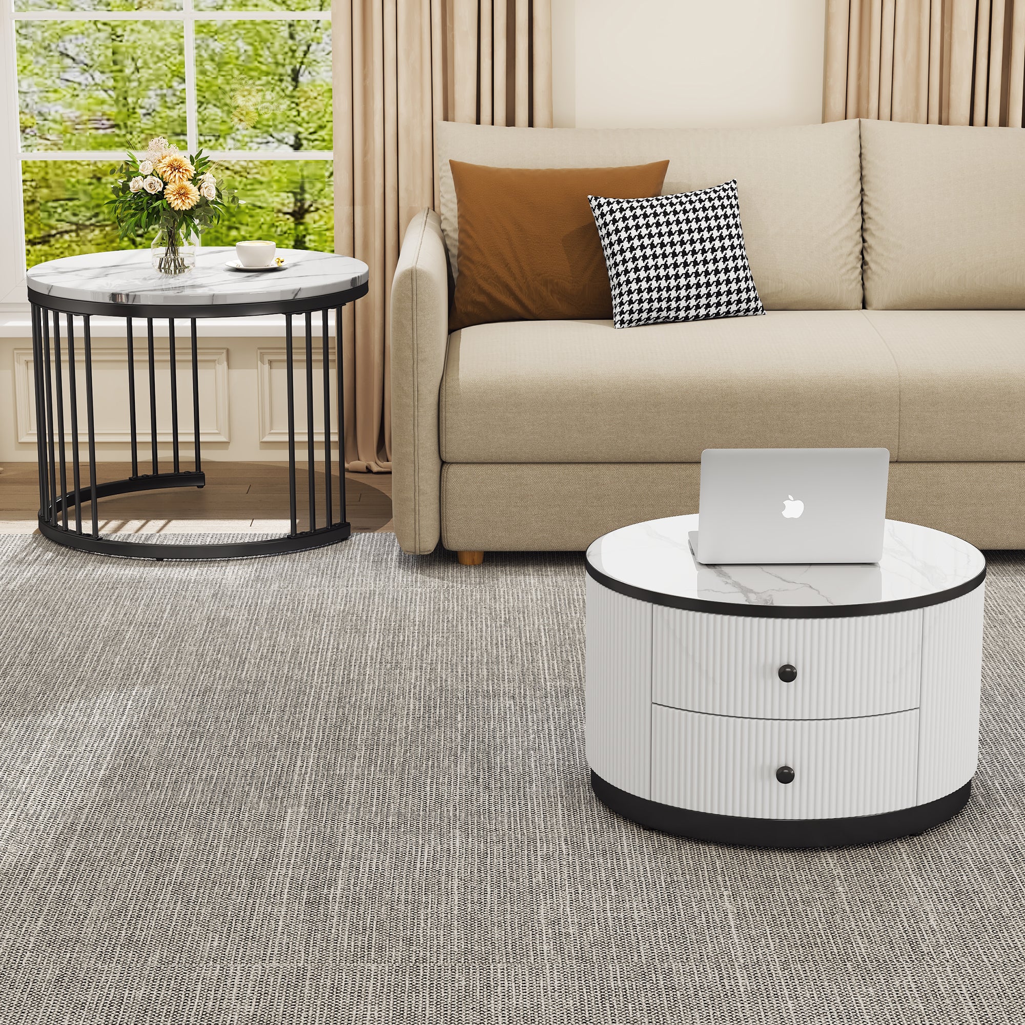 Coffee Table Set, Round Nesting with Drawers, White Marble Look