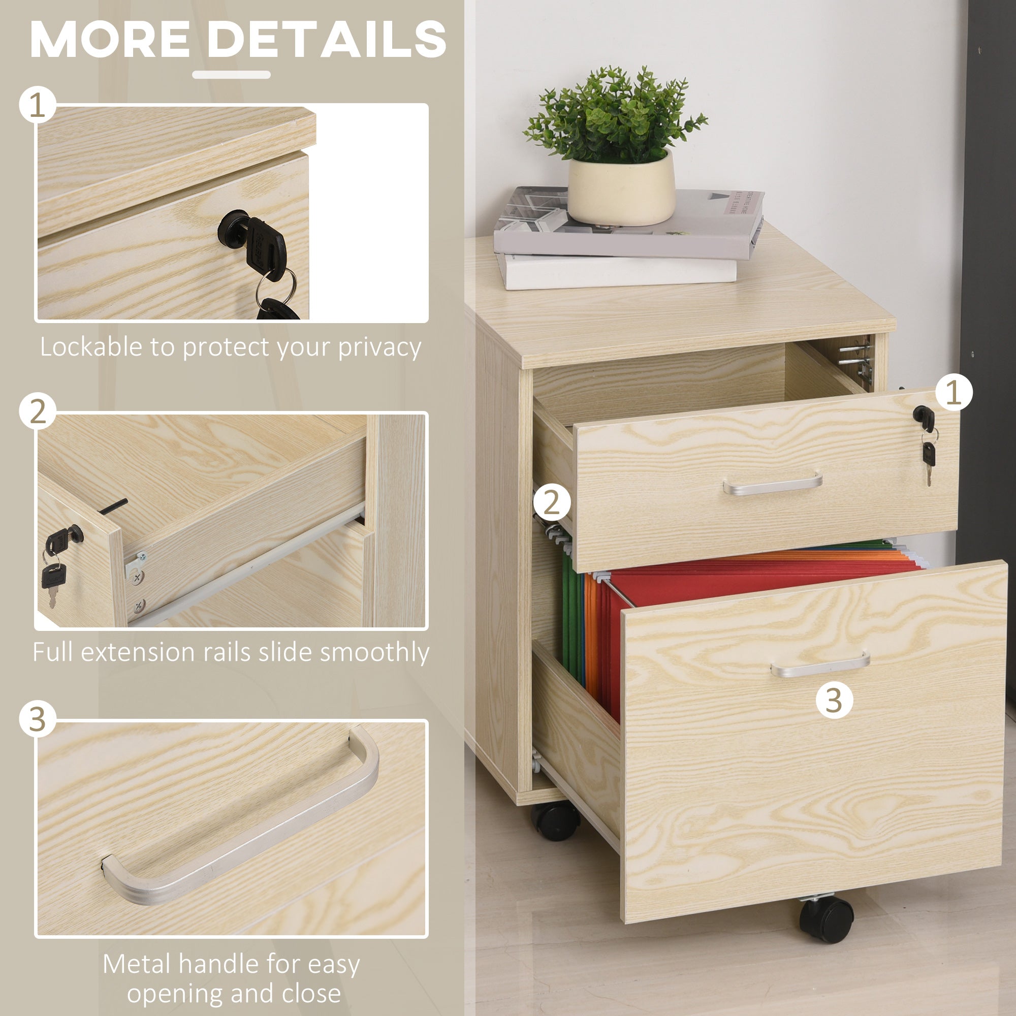 2-Drawer Filing Cabinet, Locking Rolling A4 Storage Cupboard, Oak Wood Grain