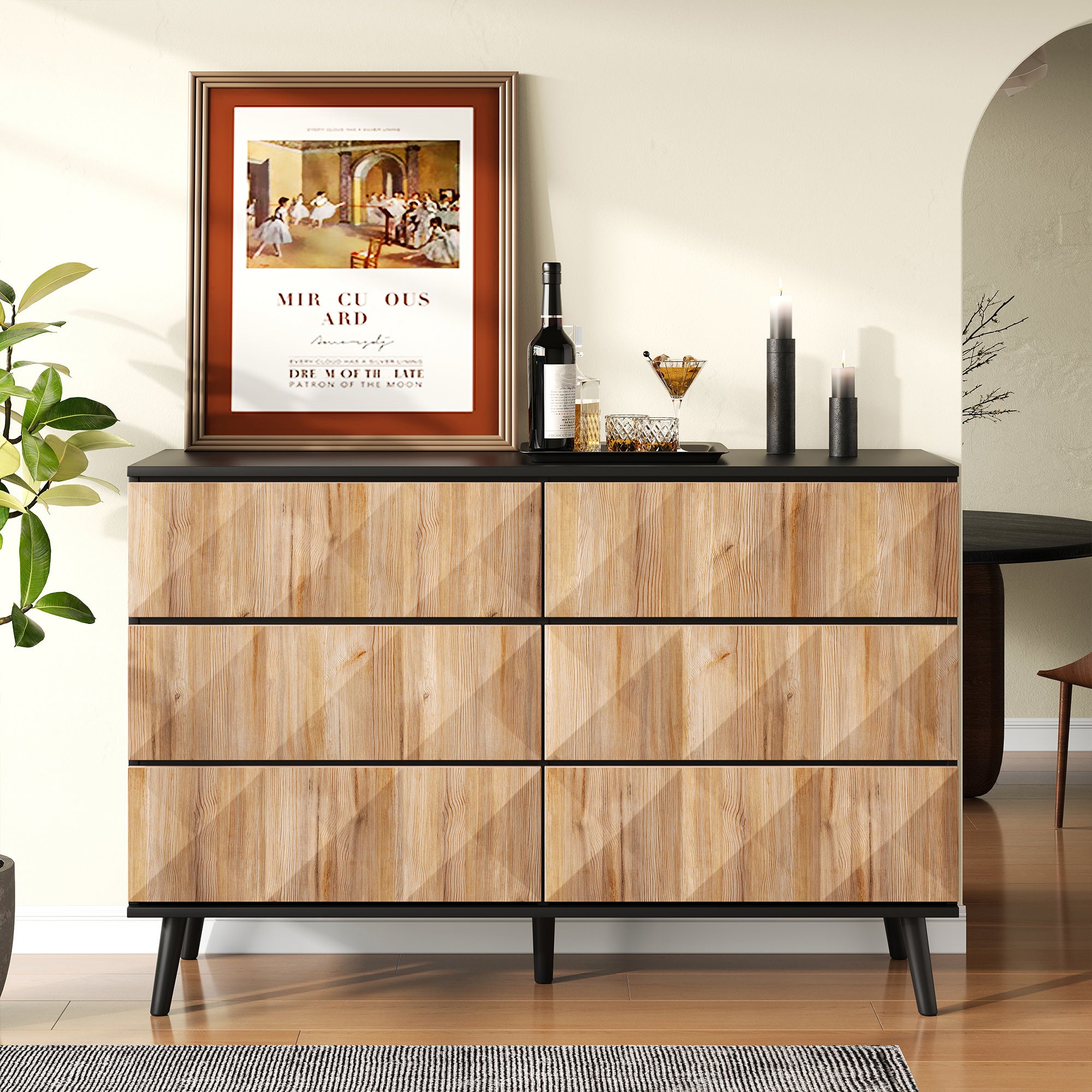 Sideboard and Chest of Drawers, Raised Doors, Black and Natural Wood