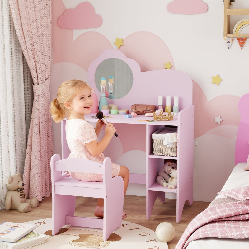 Kids Dressing Table, Vanity Set with Mirror Stool and Shelves, Purple