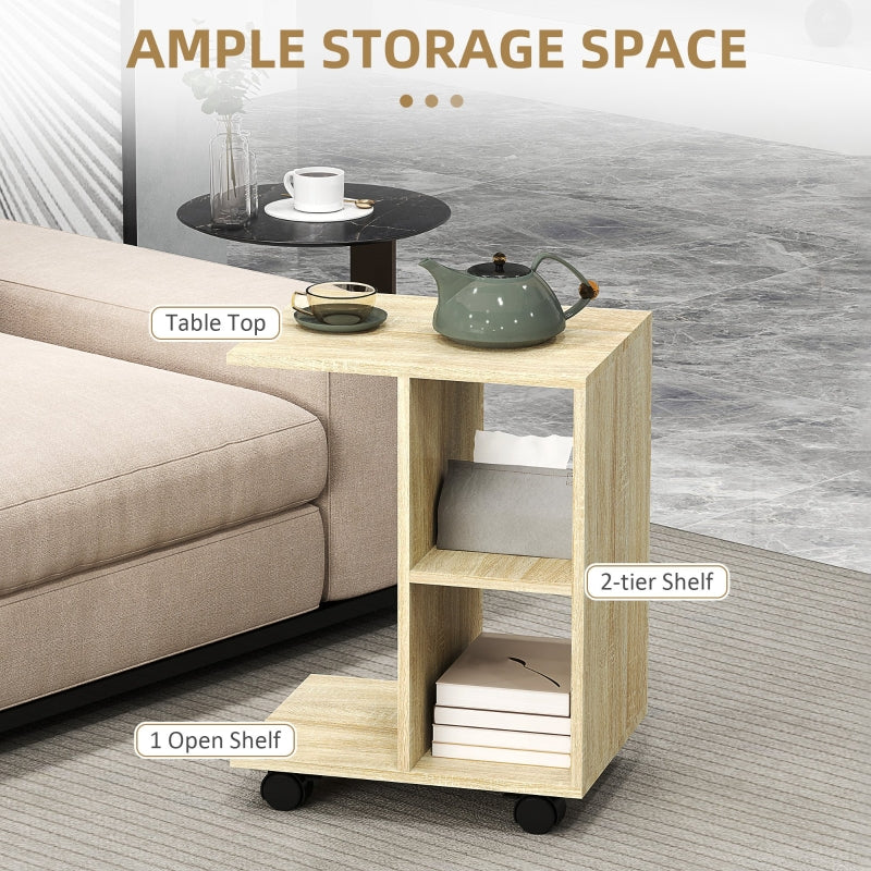 C-Shape End Table 2 Shelves 4 Wheels Storage Unit Natural
