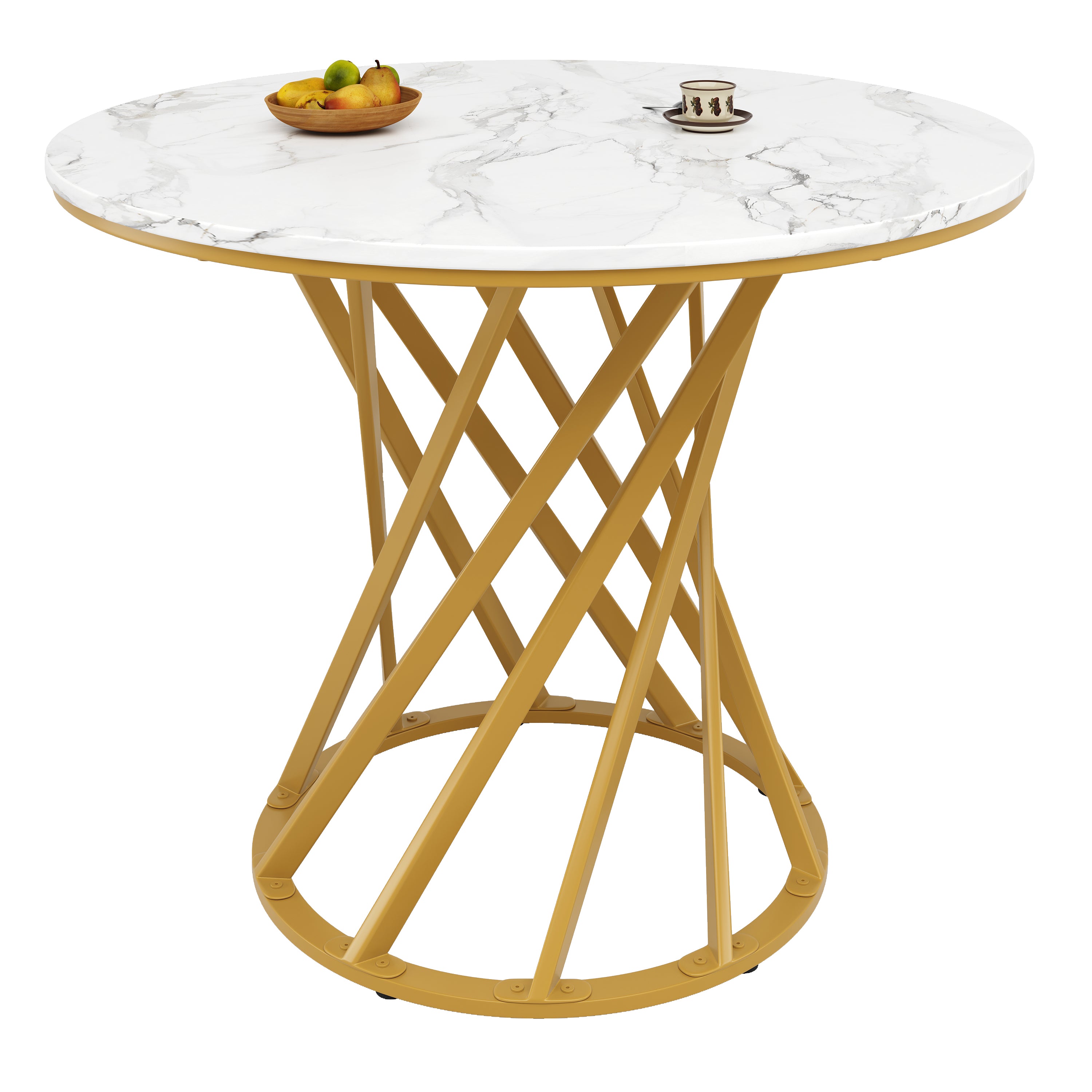 Round Dining Table 80cm for 4 Marbled MDF Top Metal Legs Gold
