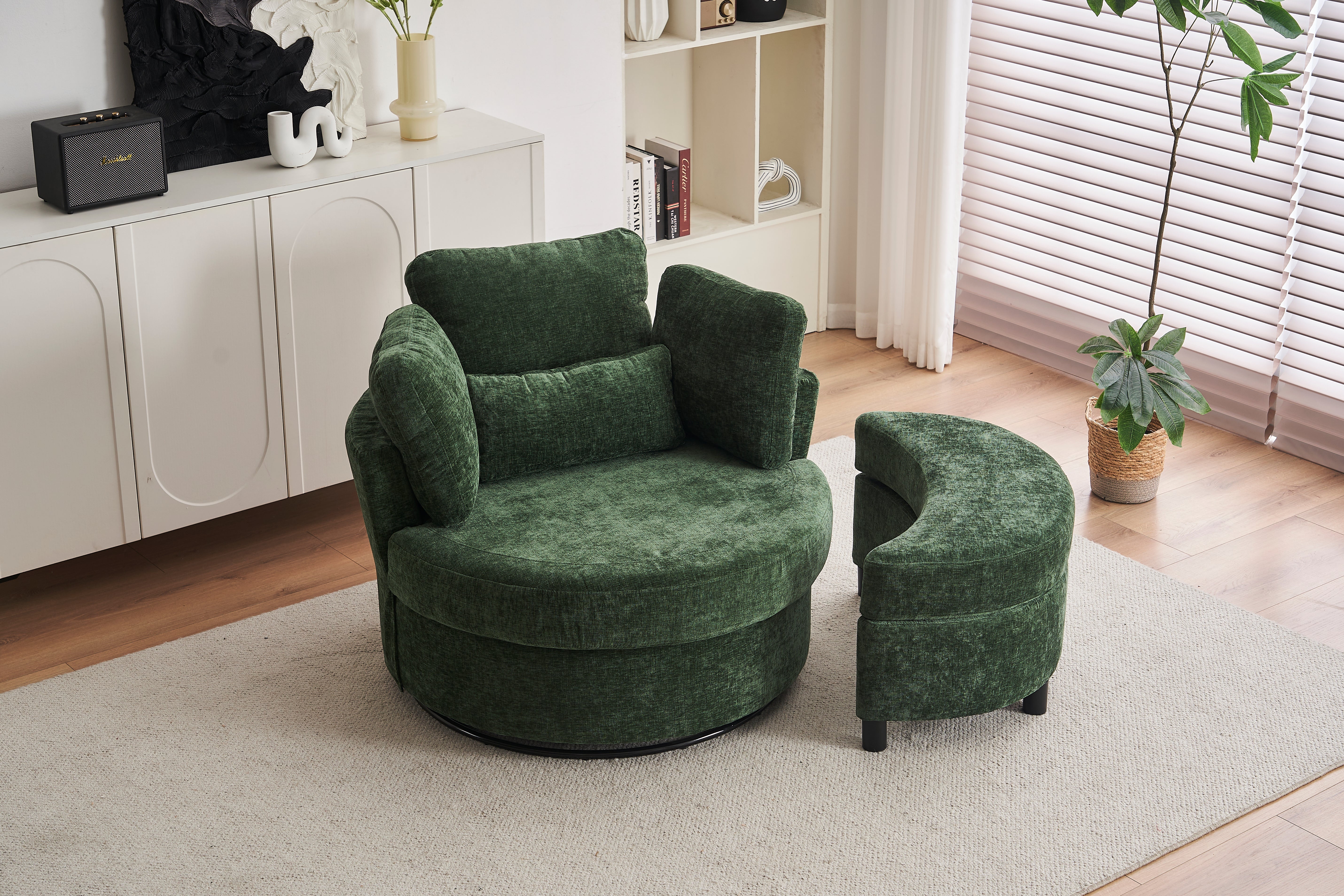 Chenille Swivel Armchair with 3 Back Cushion Pillow and Ottoman Crescent Stool, Green